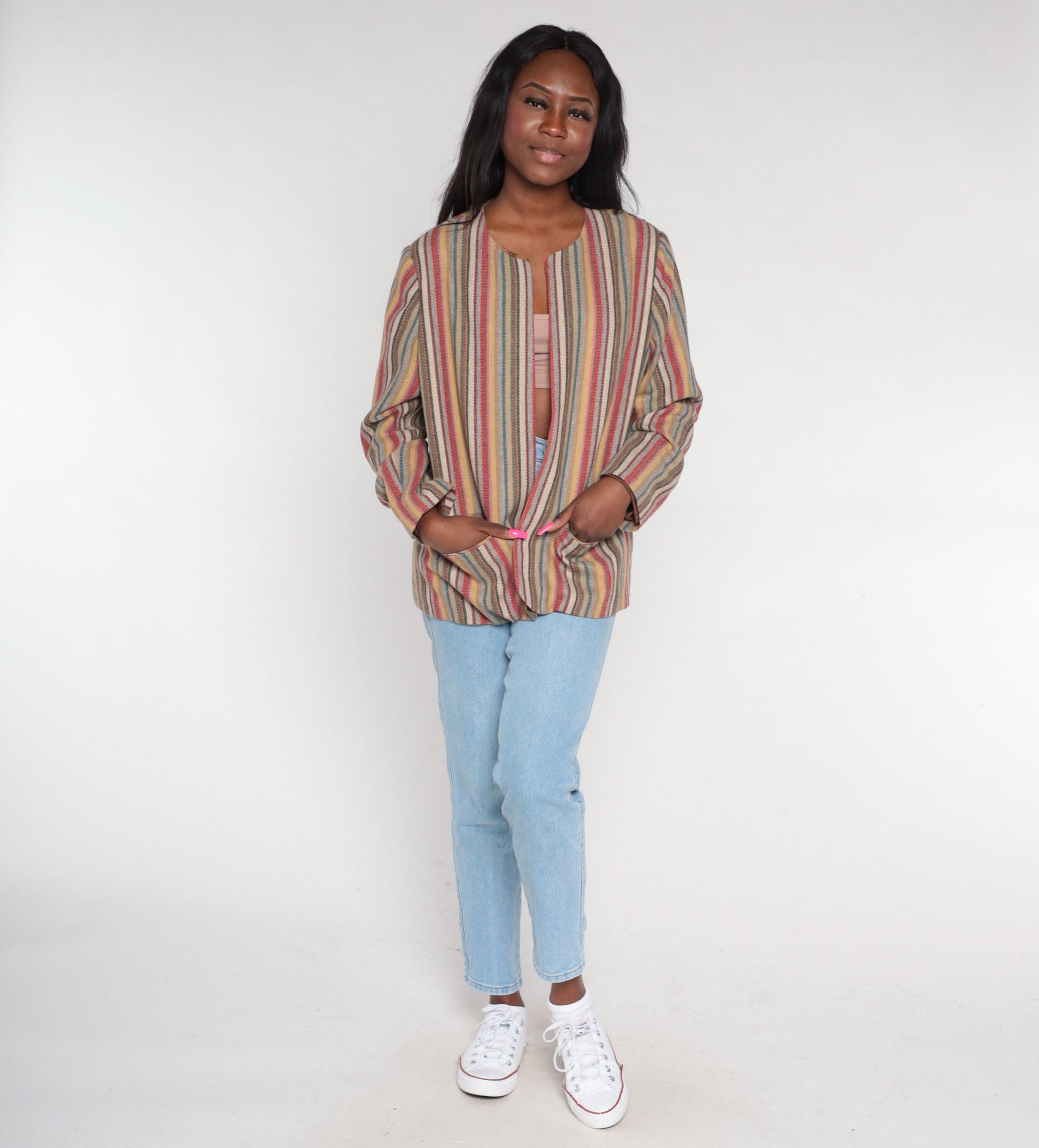 90s Striped Wool Blend Blazer Open Front Jacket Multicolor Large