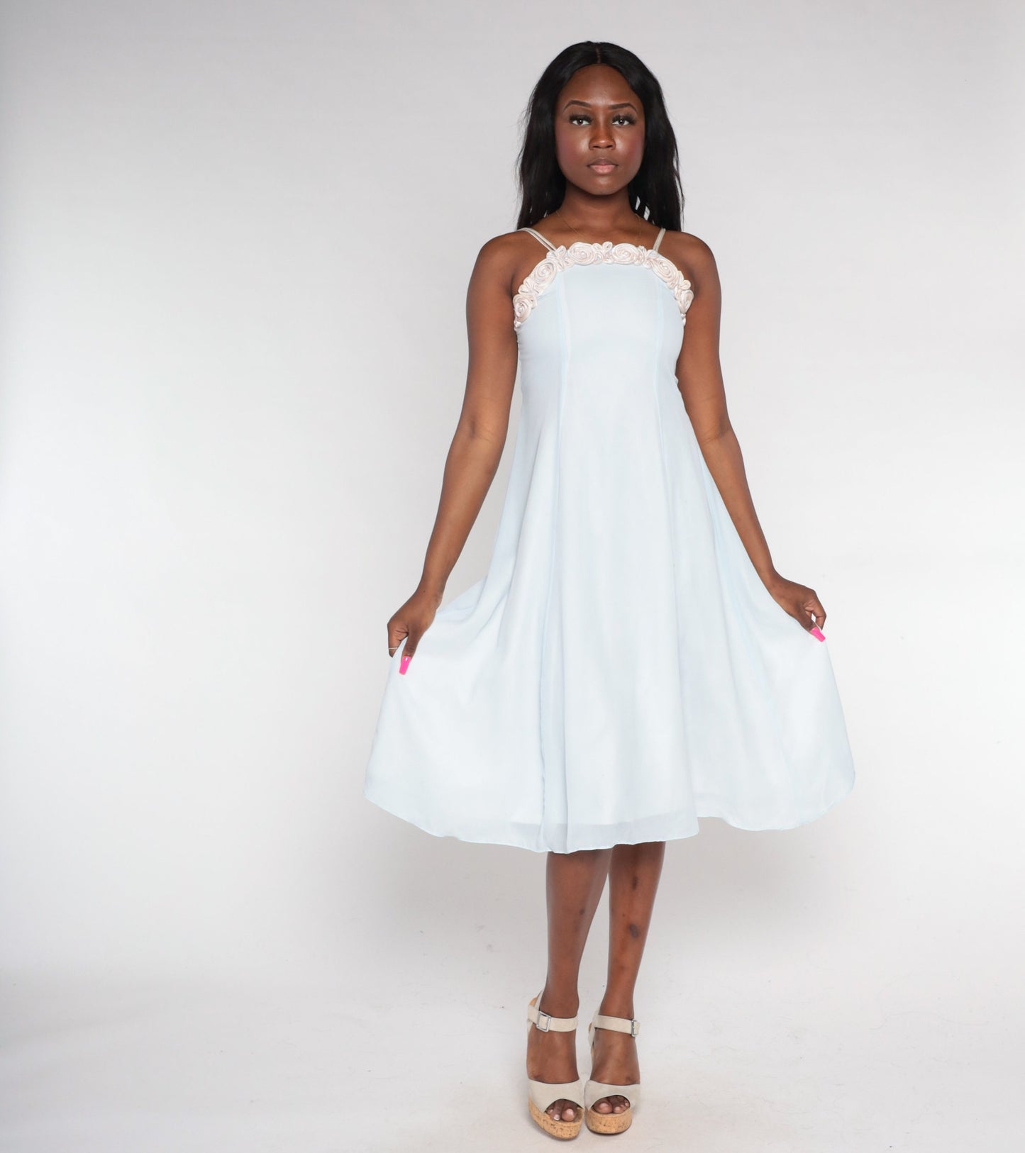 90s Pale Blue Midi Dress Pearl Beaded Rosette Neckline Sleeveless Extra Small