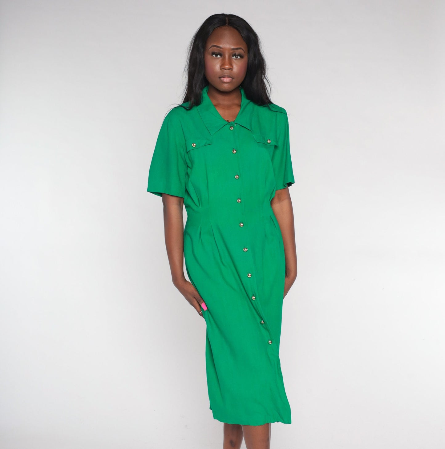 90s Green Silk Midi Shirtdress Short Sleeve Button-Up Medium