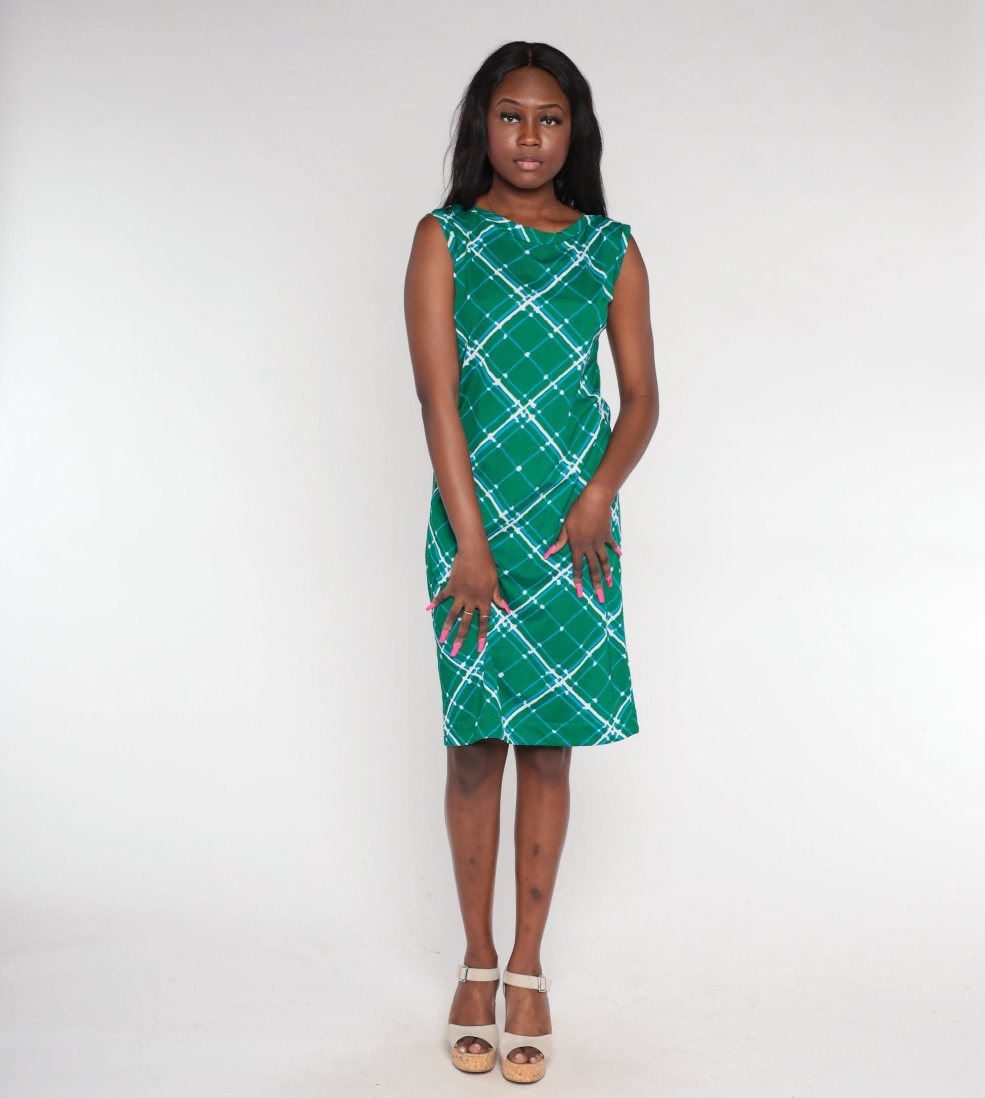 70s Green Lattice Print Shift Dress Sleeveless Mini A-Line Medium