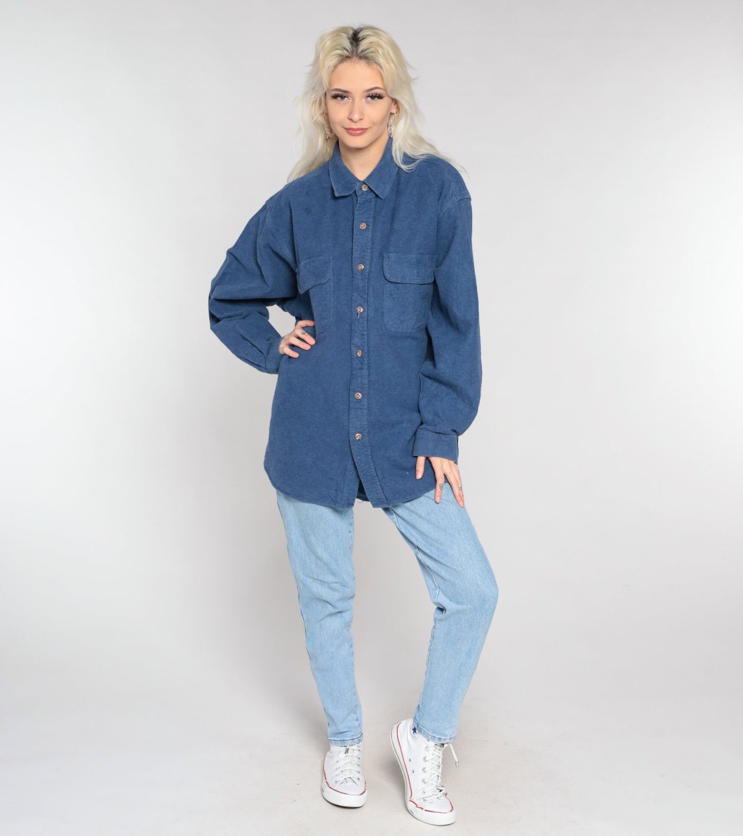 Y2K Blue Cotton Button-Up Shirt Long Sleeve Collared Oxford Men's Extra Large
