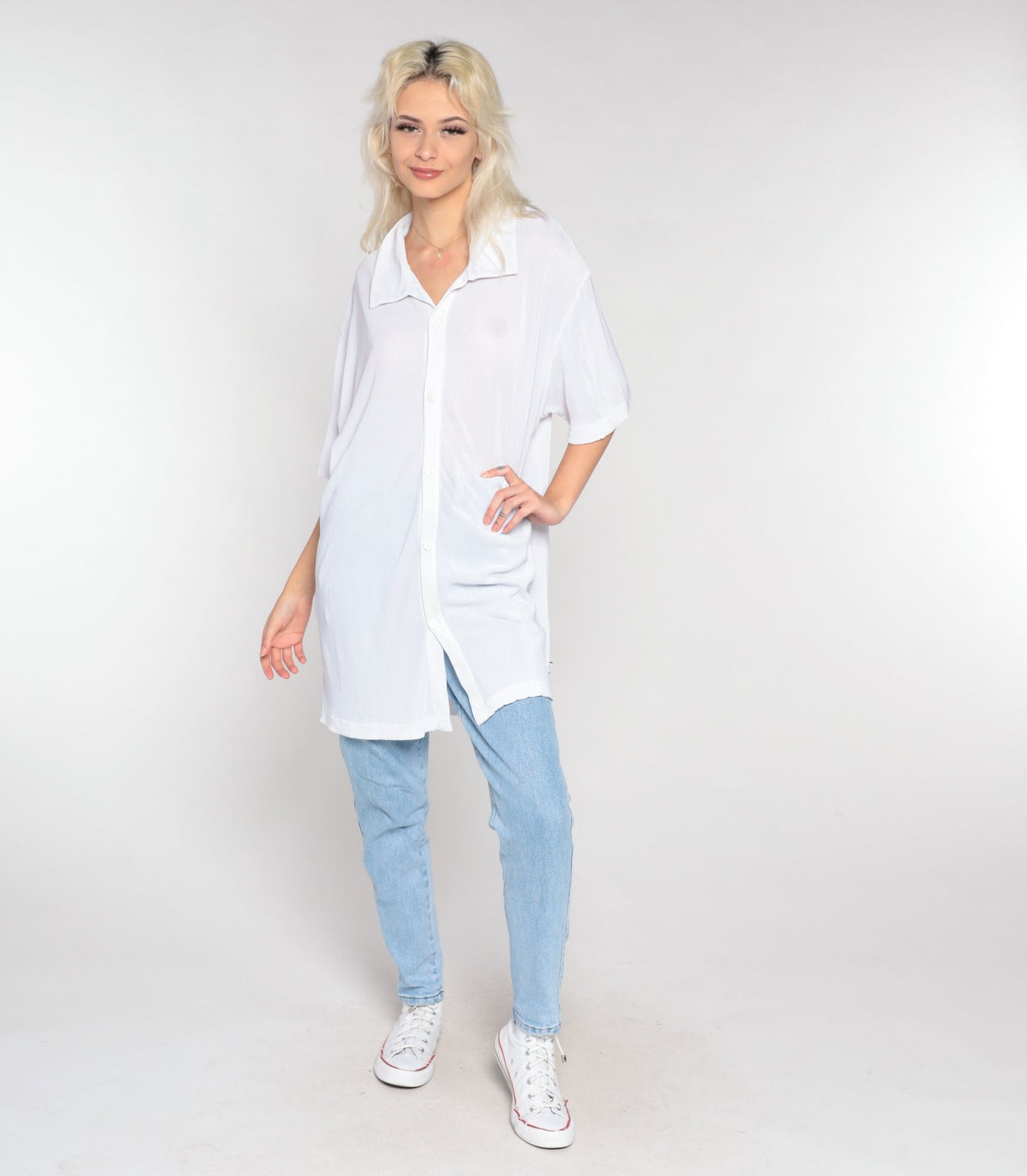 Y2K White Ribbed Button-Up Shirt Short Sleeve Collared Top Extra Large XL