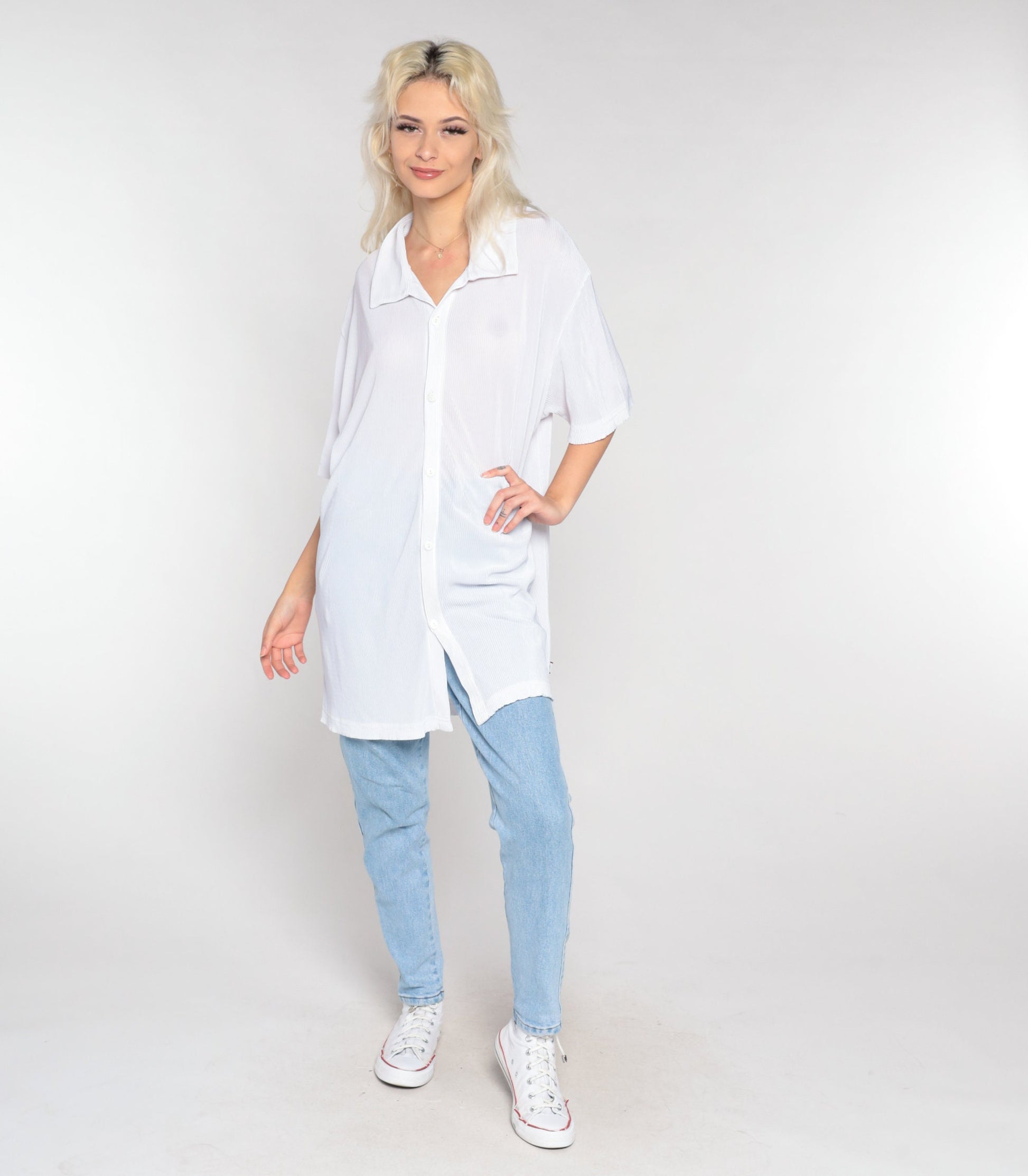 Y2K White Ribbed Button-Up Shirt Short Sleeve Collared Top Extra Large XL
