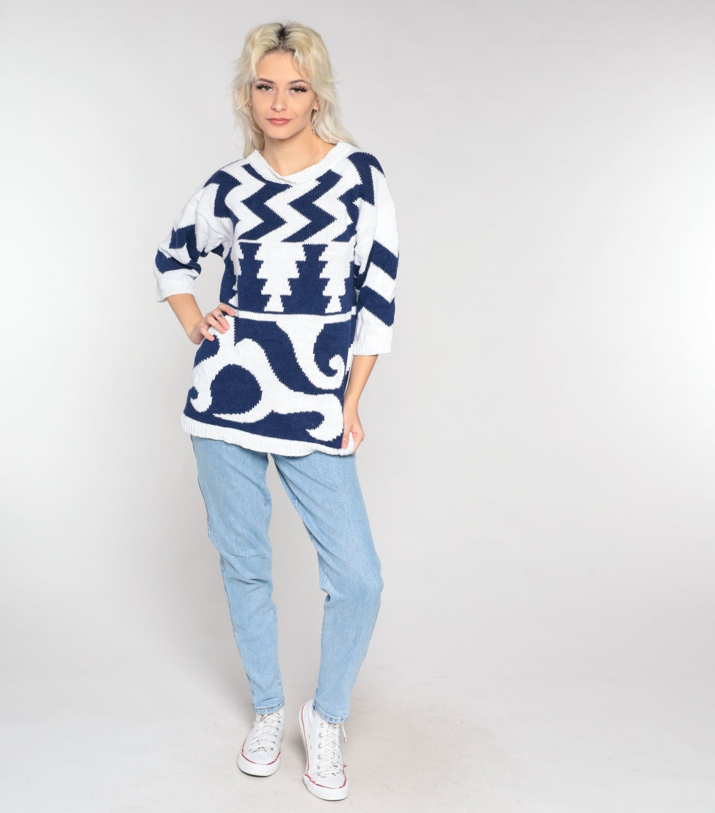 90s White Knit Sweater Navy Abstract Geometric Zig Zag Print 3/4 Sleeve Medium