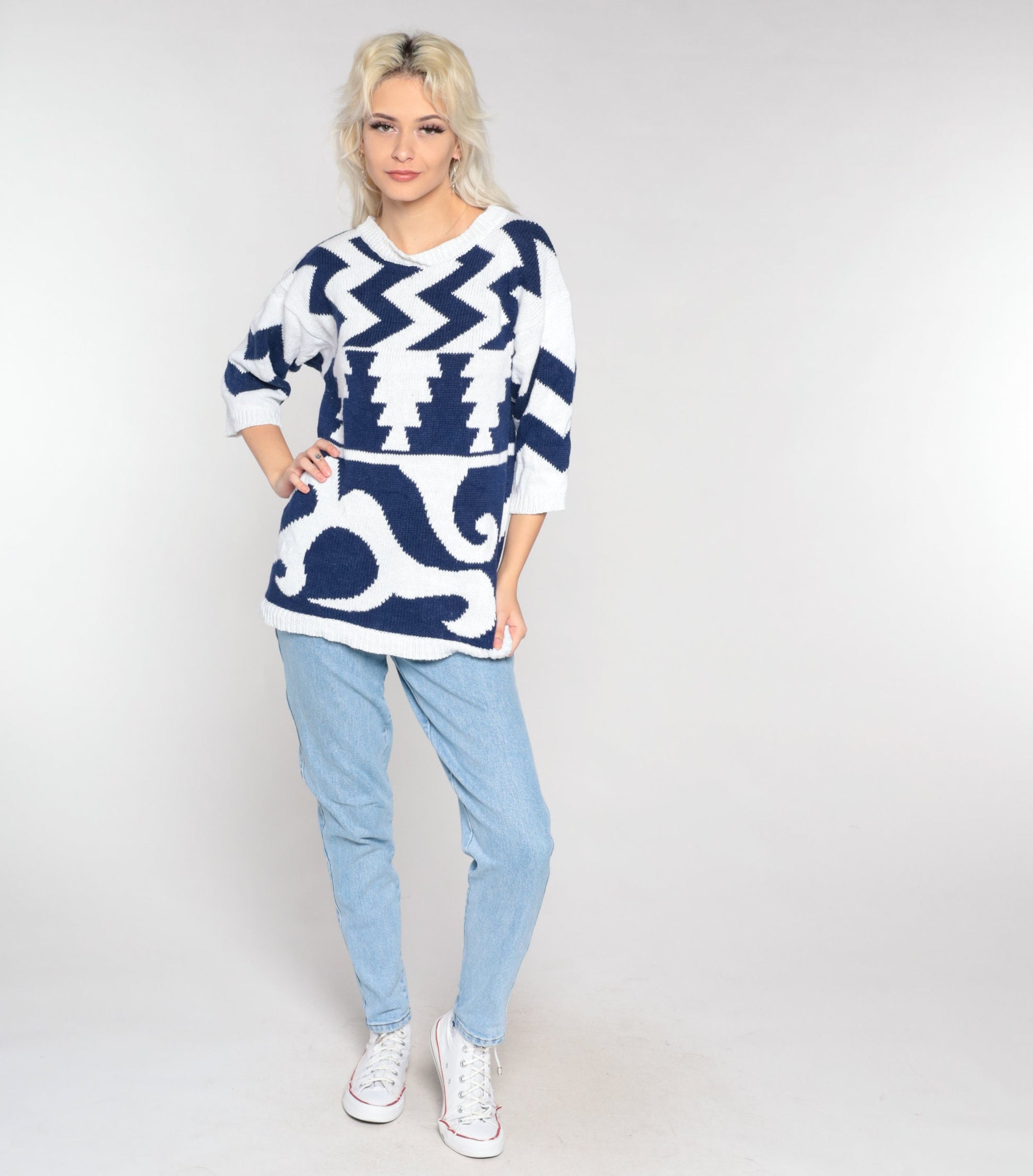 90s White Knit Sweater Navy Abstract Geometric Zig Zag Print 3/4 Sleeve Medium