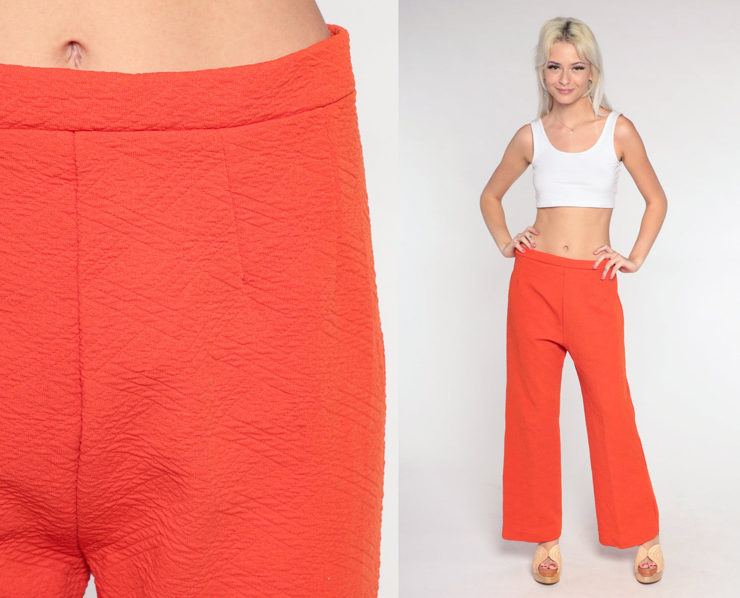 70s Orange Polyester Bell Bottom Trousers High Waist Flared Small
