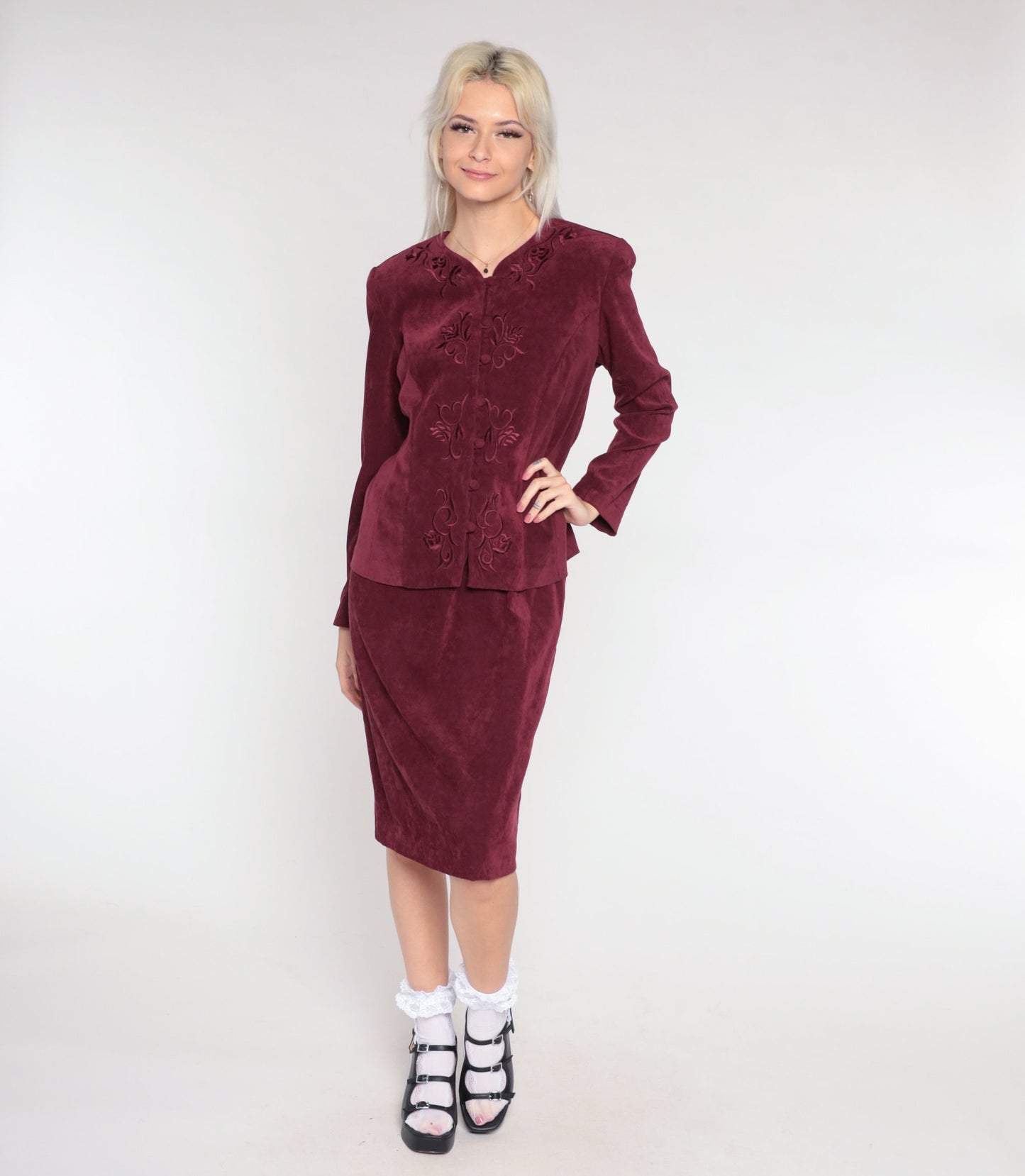 90s Karin Stevens Burgundy Floral Embroidered Midi Dress Long Sleeve Medium