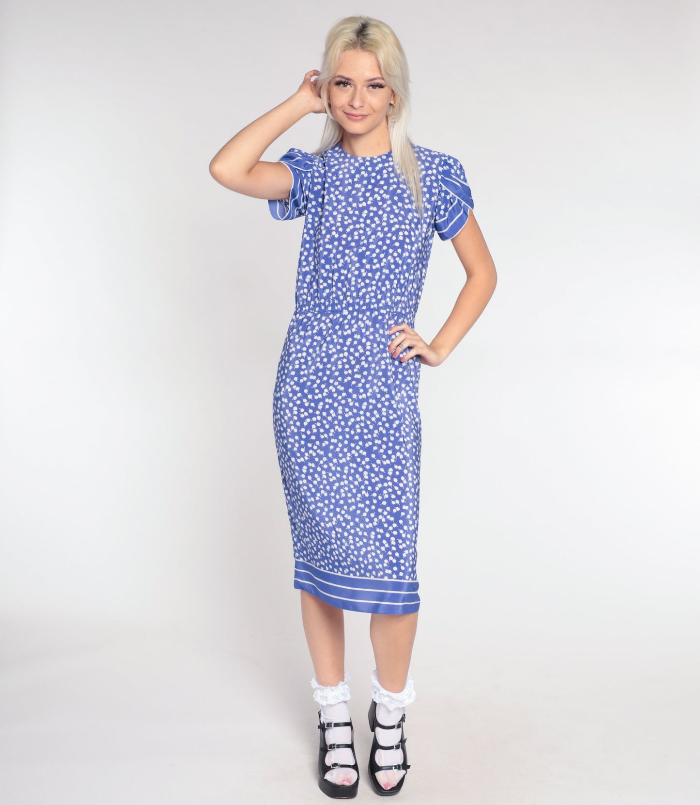 80s Purple Floral Midi Dress Tulip Puff Sleeve High Waist Extra Small