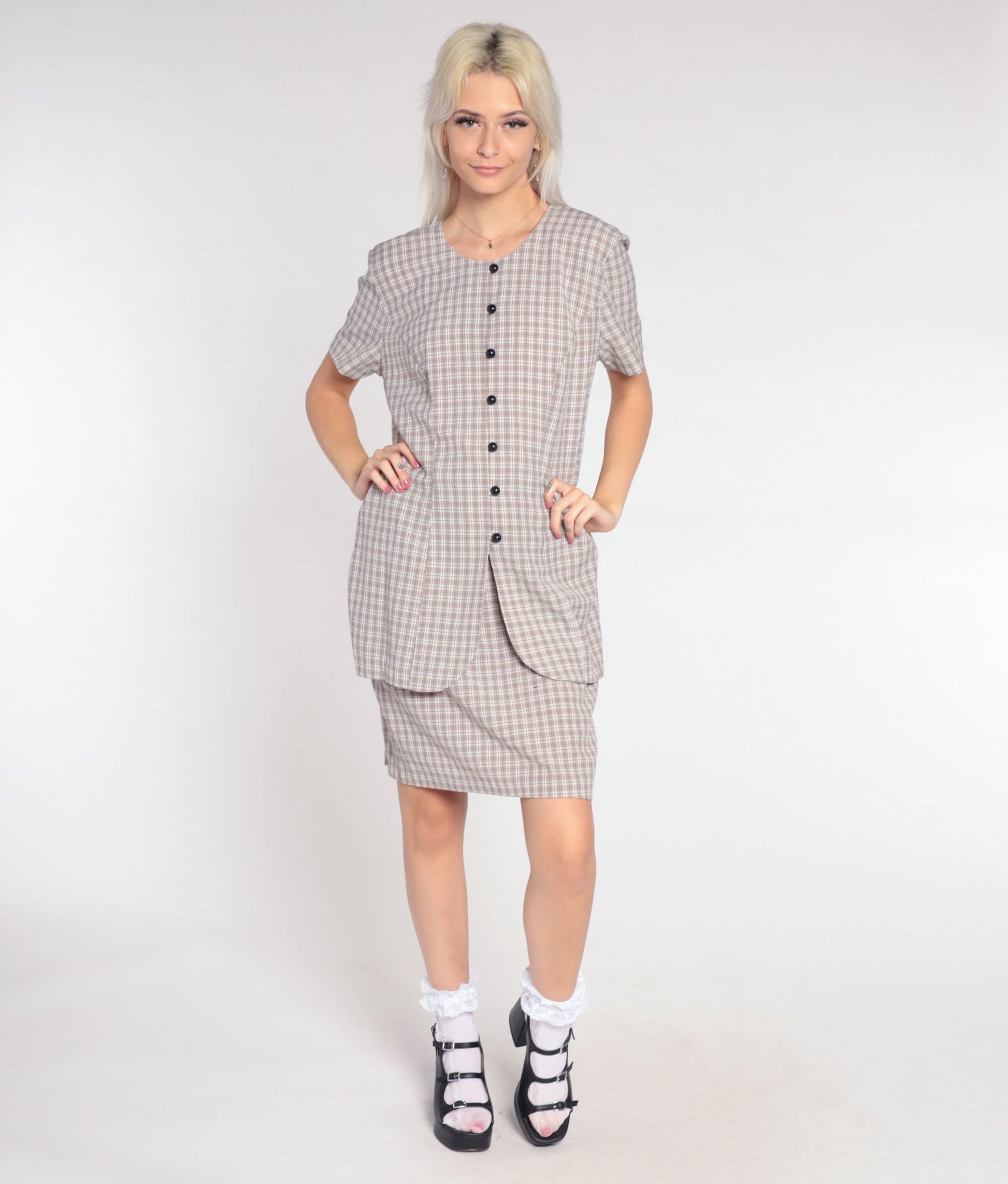 90s Plaid Mini Dress White Tan Checkered Button-Up Shift Short Sleeve Large