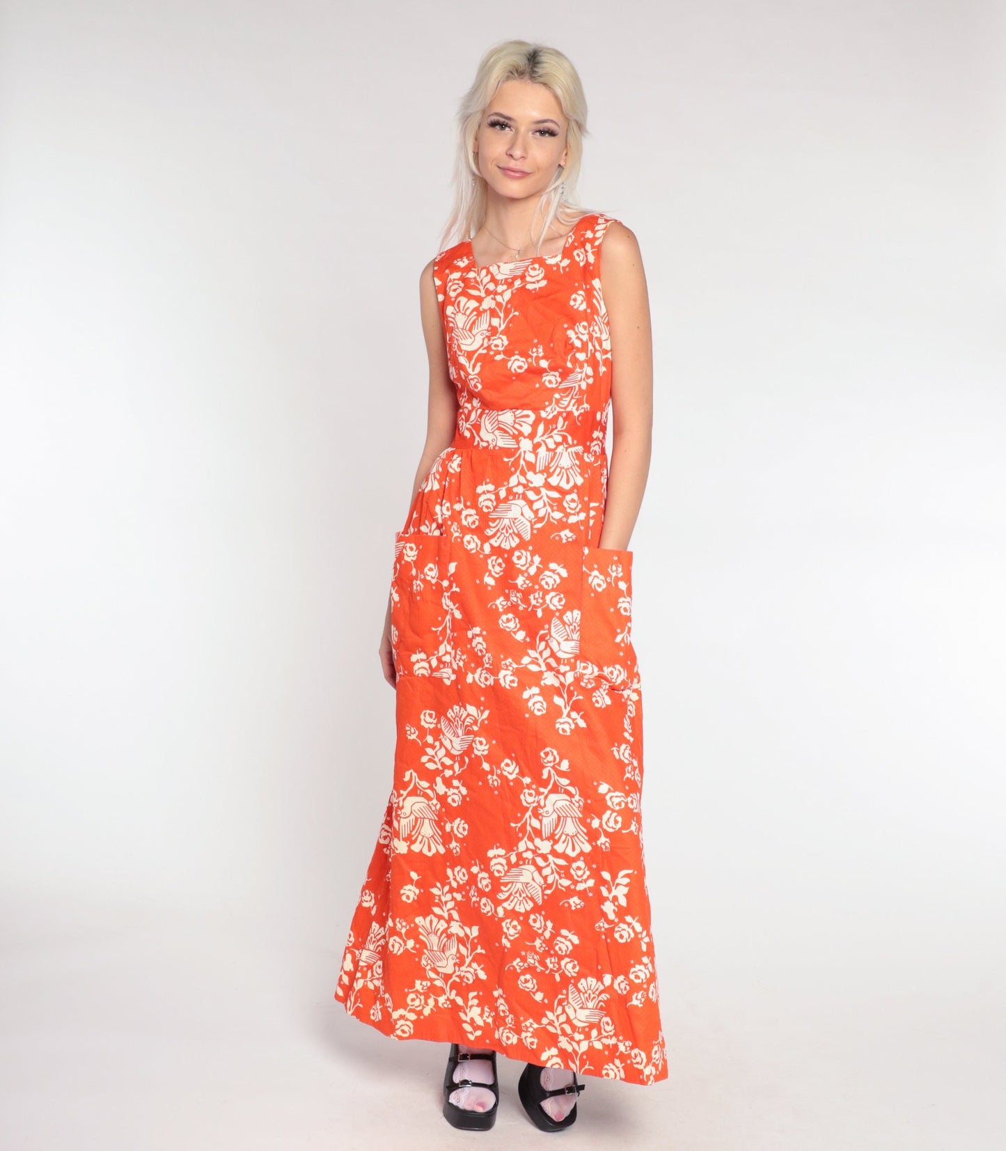 70s Orange Bird Floral Maxi Dress High Waist Cotton Vintage Extra Small