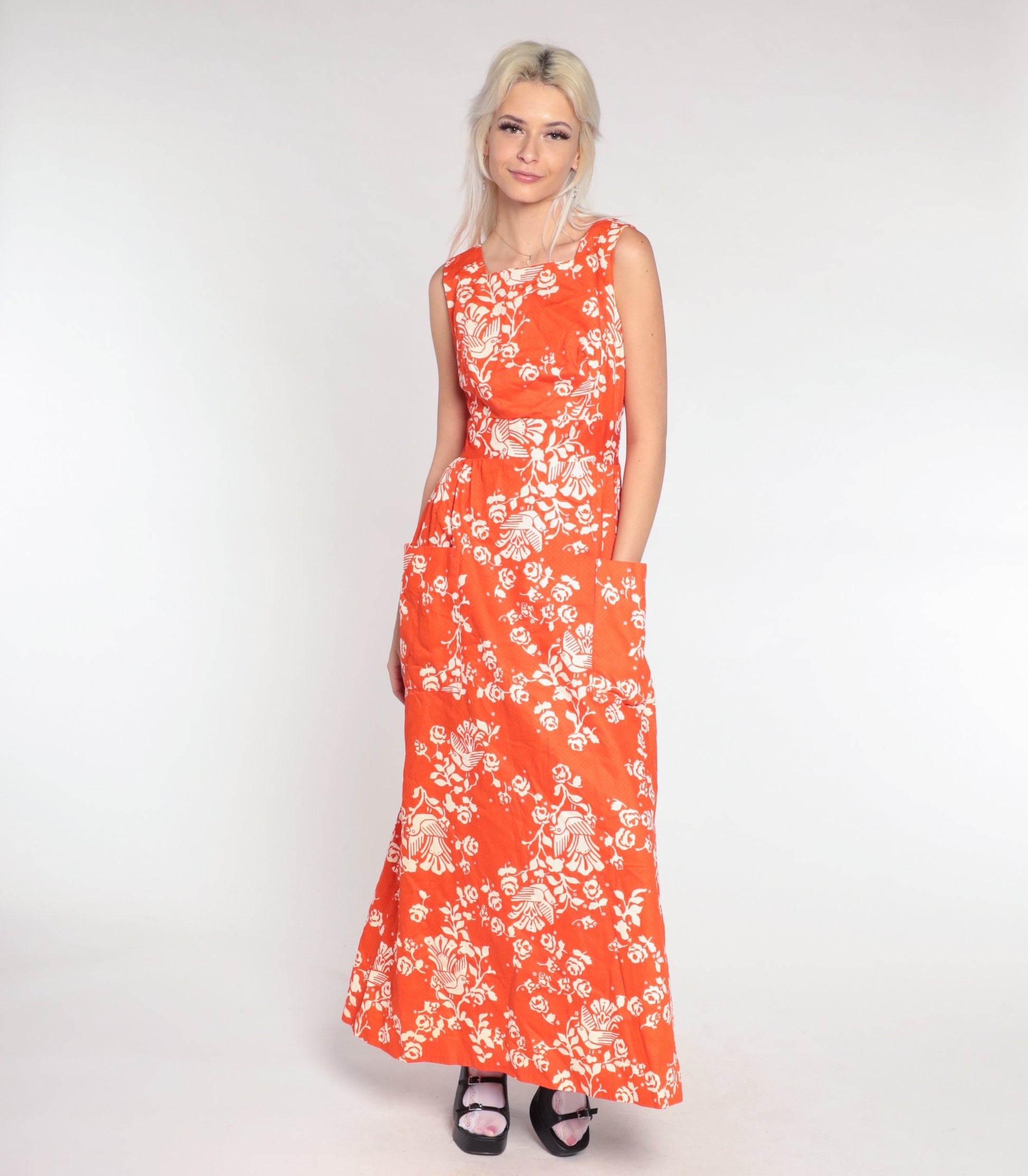 70s Orange Bird Floral Maxi Dress High Waist Cotton Vintage Extra Small