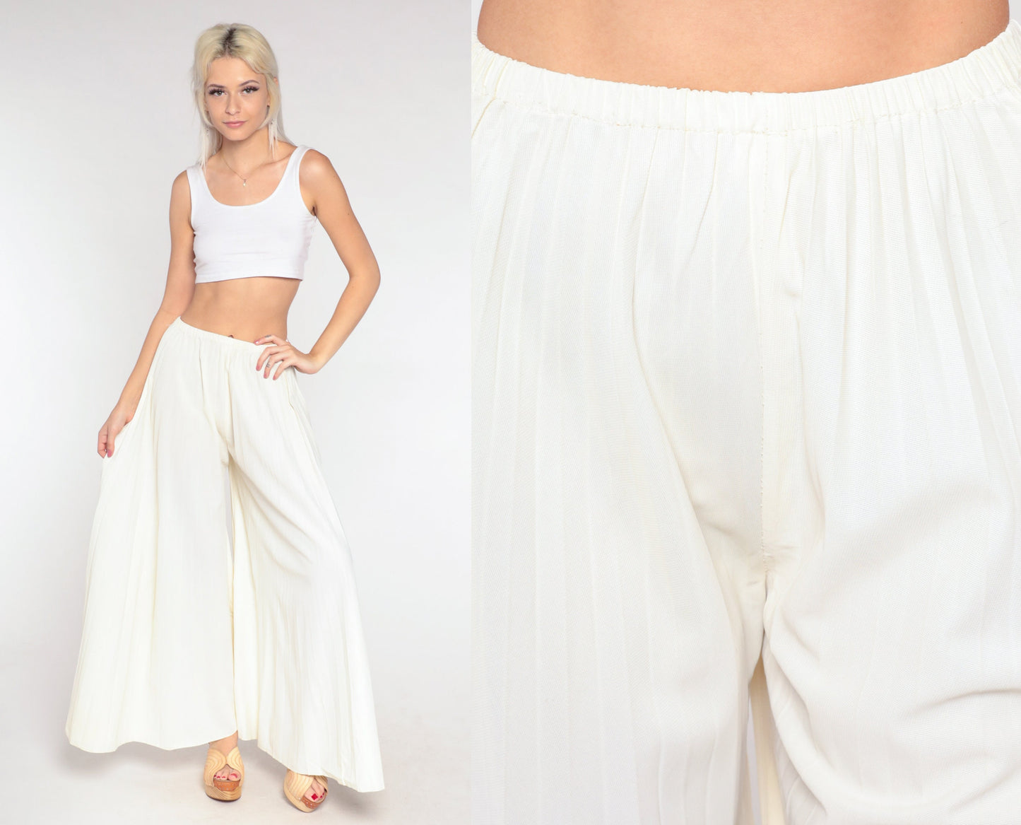 70s Cream Palazzo Pants High Waisted Wide Leg Pleated Bell Bottoms Small