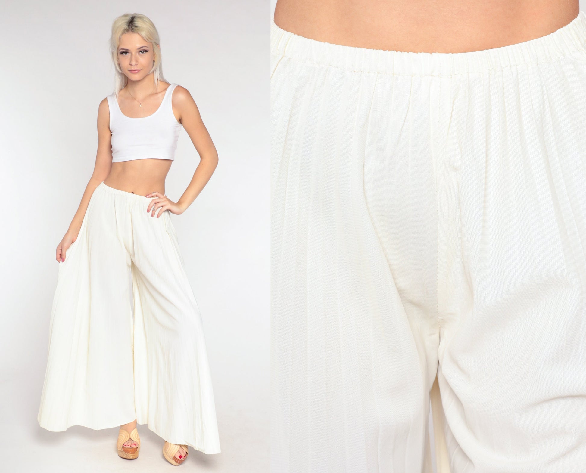 70s Cream Palazzo Pants High Waisted Wide Leg Pleated Bell Bottoms Small