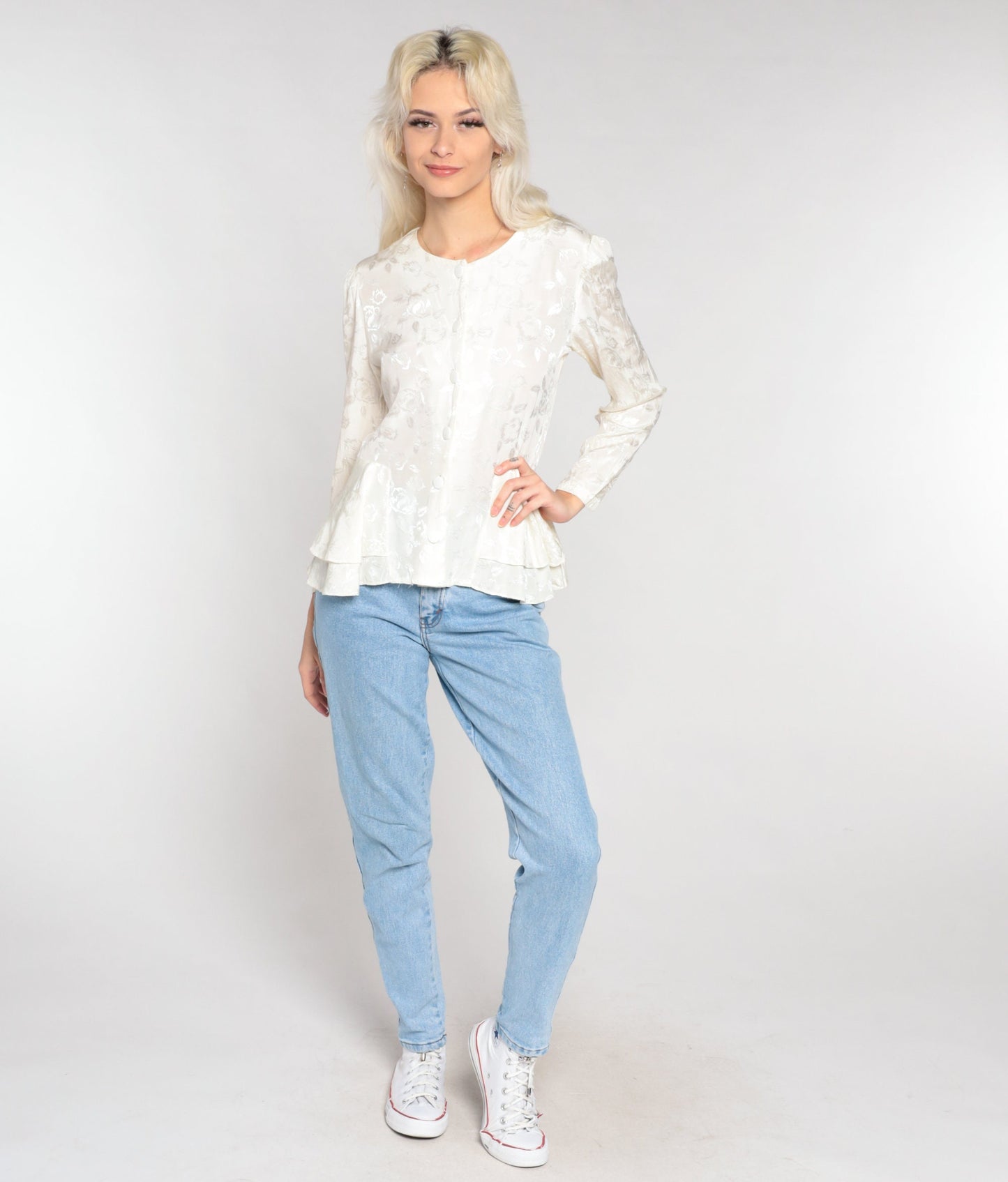 80s White Floral Embossed Peplum Blouse Puff Sleeve Button-Up Extra Small