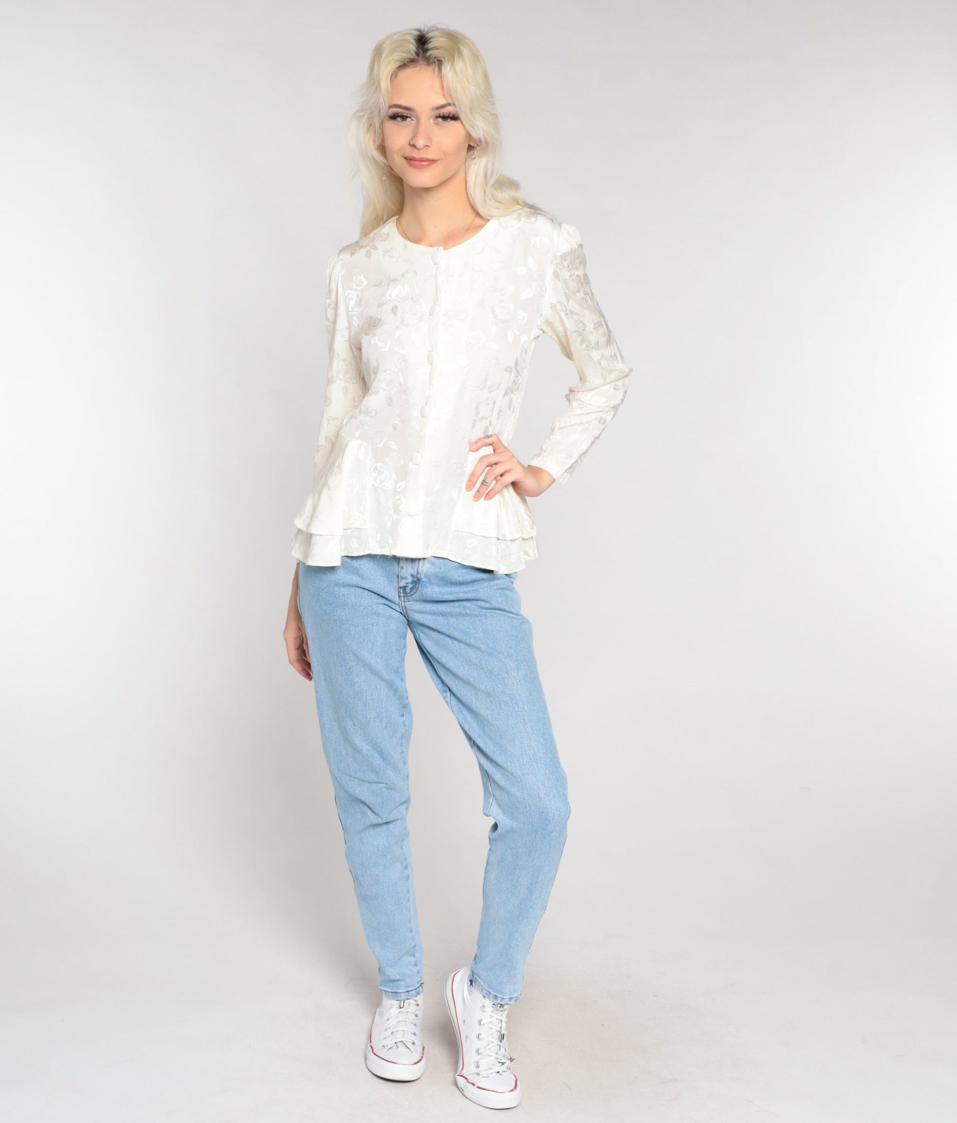 80s White Floral Embossed Peplum Blouse Puff Sleeve Button-Up Extra Small