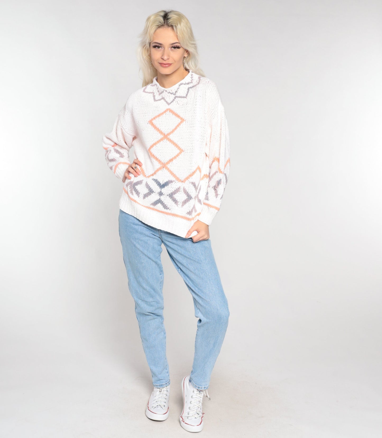 90s Diamond Geometric Knit Sweater White Cotton Ramie Pullover Medium M