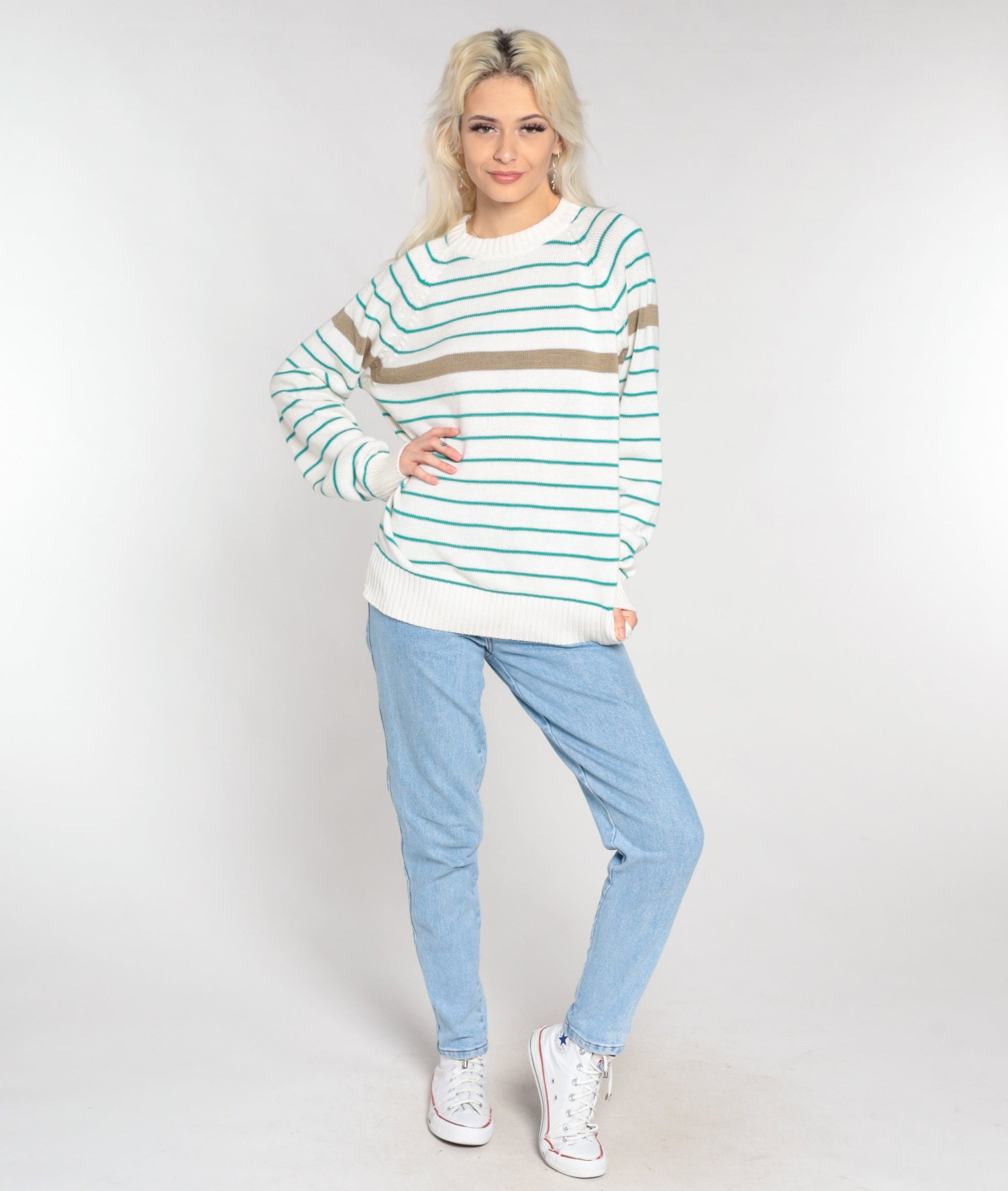 90s Striped Pullover Sweater White Green Tan Raglan Crewneck Large L