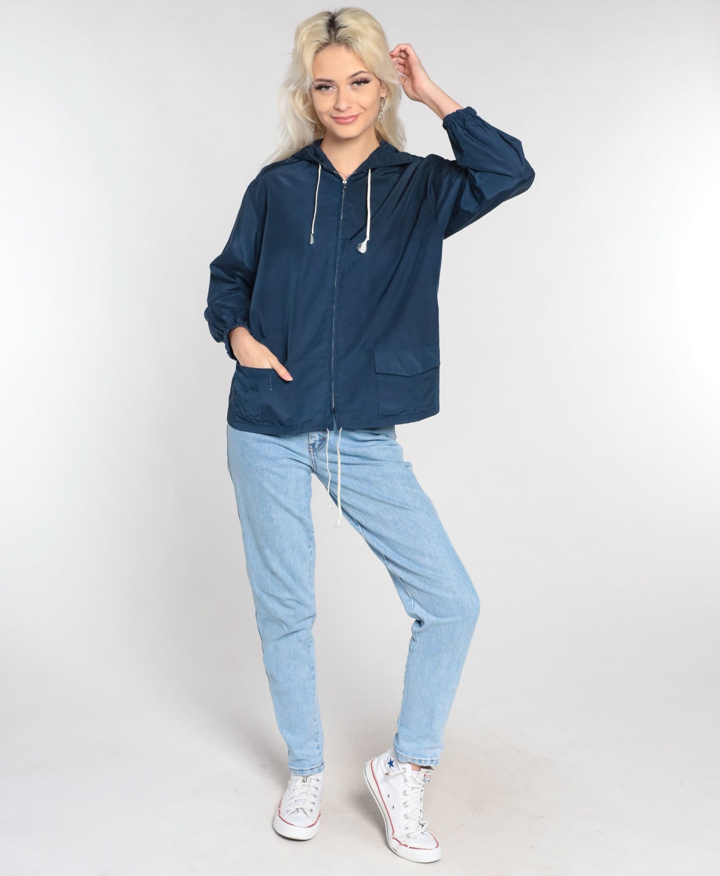 80s Navy Zip-Up Hooded Windbreaker Jacket Small S