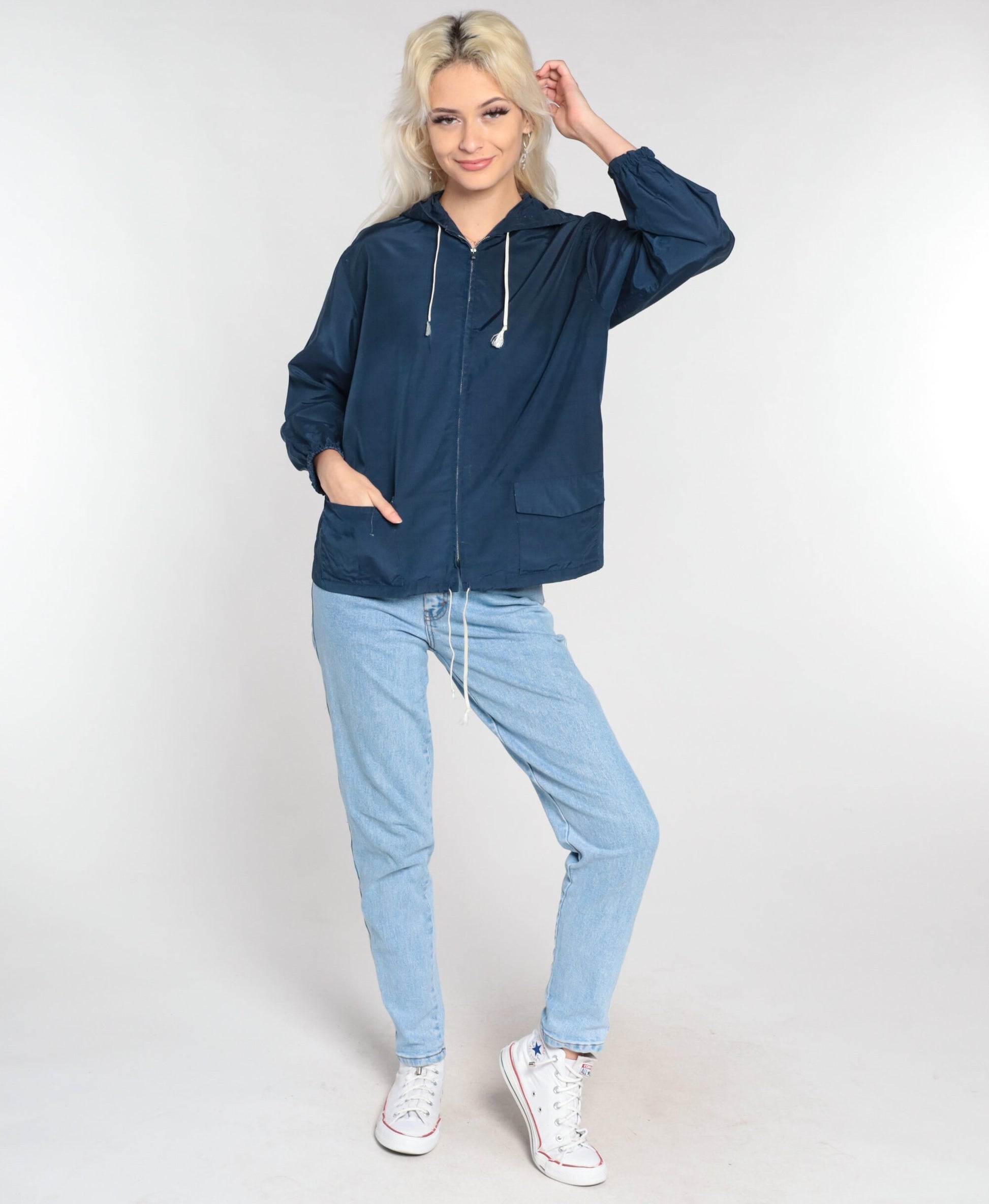 80s Navy Zip-Up Hooded Windbreaker Jacket Small S