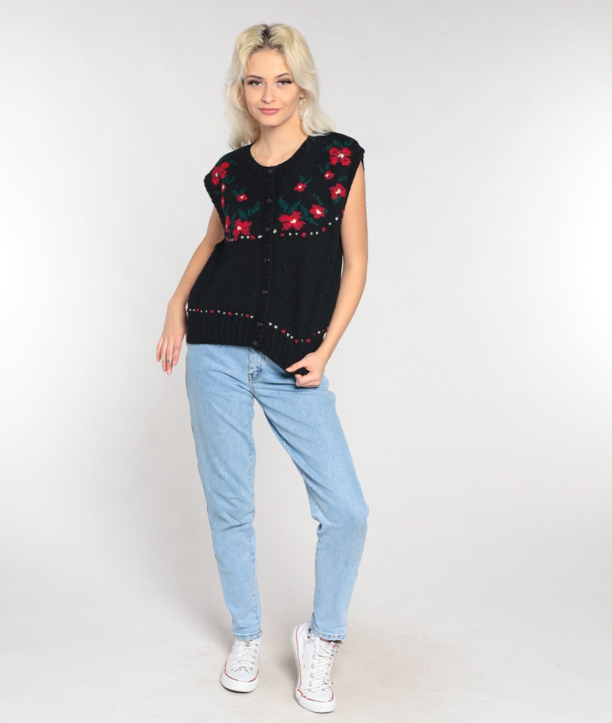 80s Black Wool Floral Button-Up Sweater Vest Red Flower Knit Large