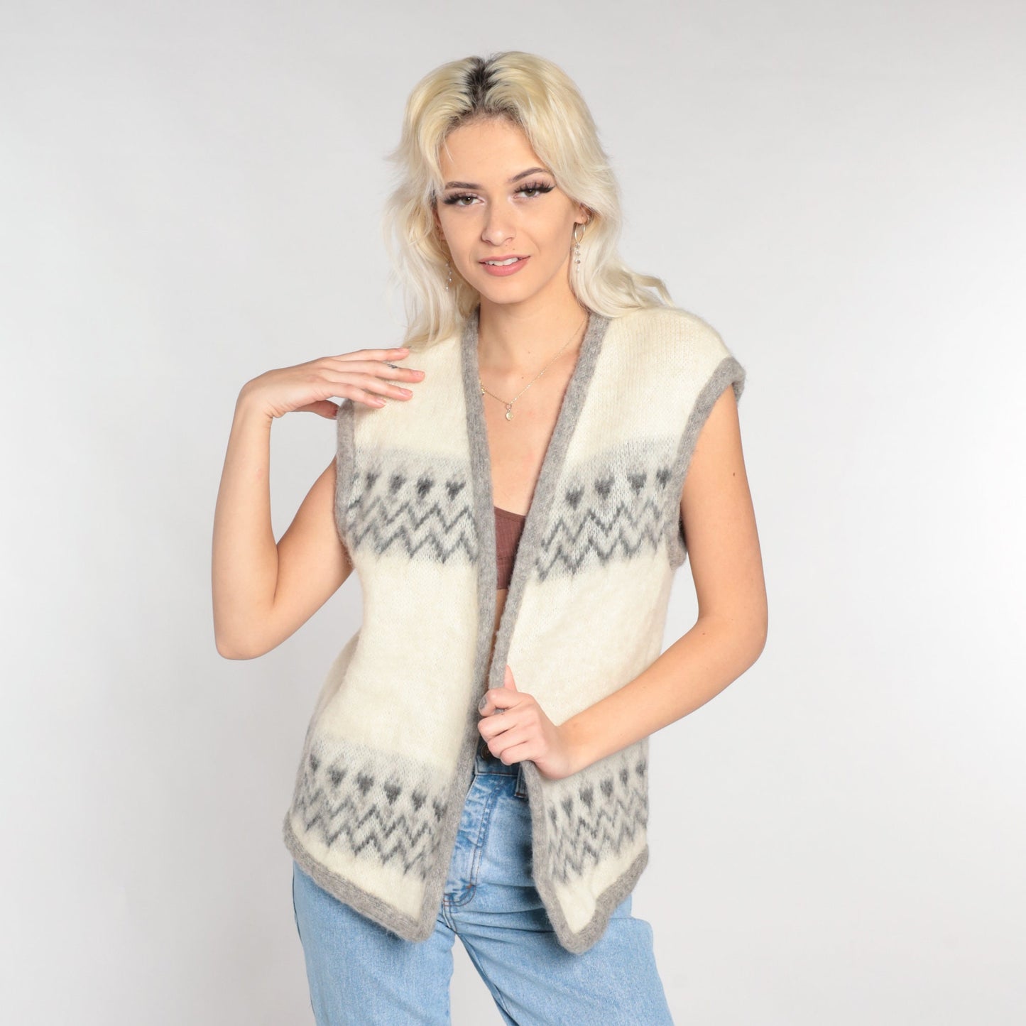 60s Wool Vest Cream Geometric Zig Zag Open Front Knit Small S