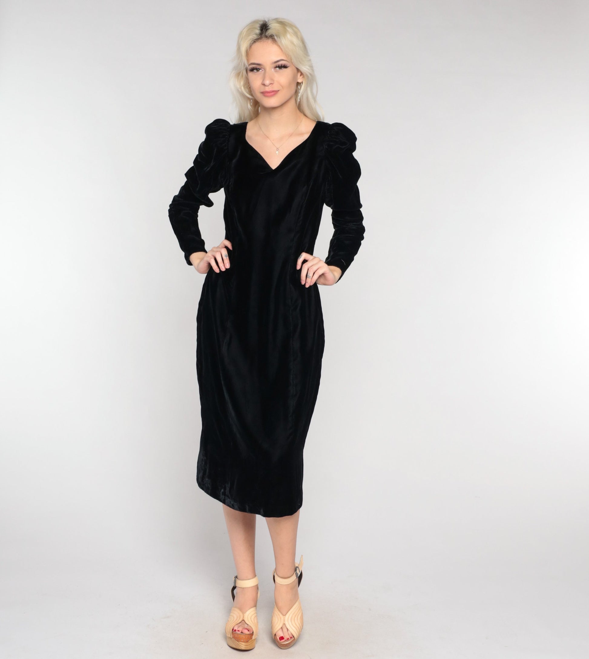 90s Black Velvet Midi Dress Puff Sleeve V-Neck Low Back Medium