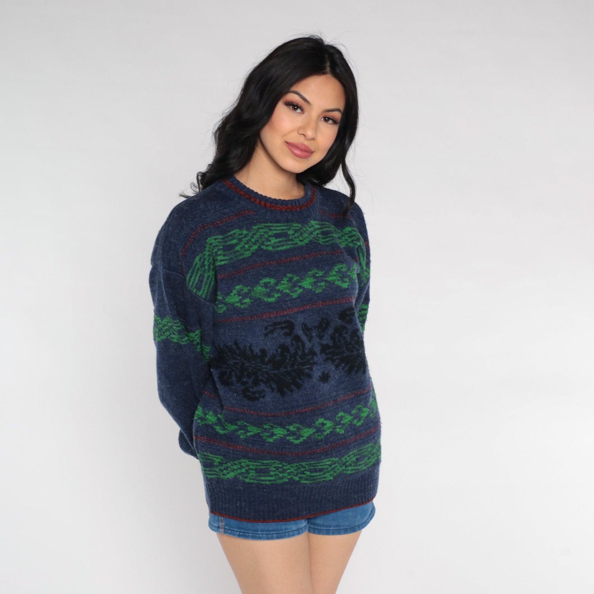 90s Blue Geometric Jacquard Wool Sweater Striped Crewneck Pullover Medium