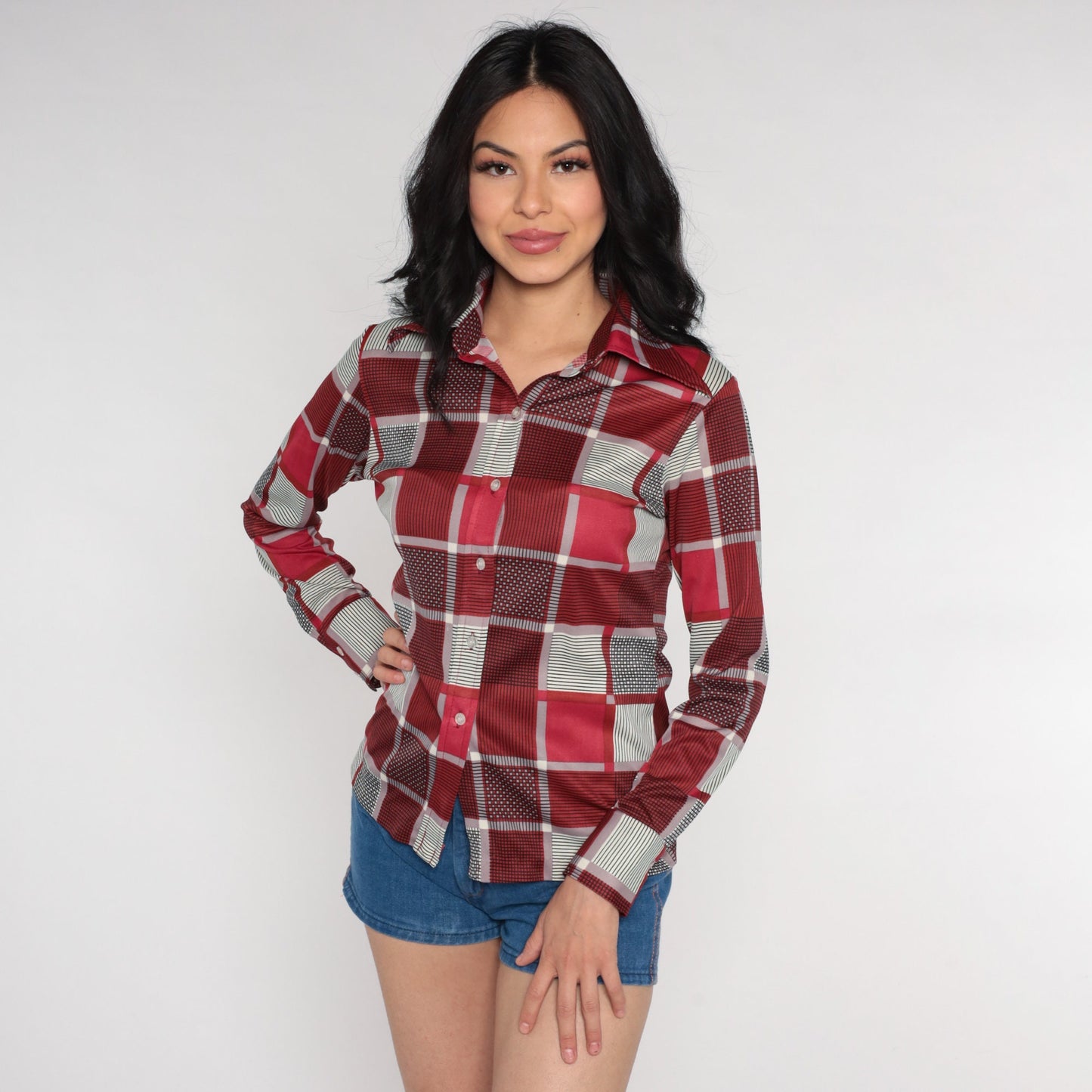 70s Red Checkered Button-Up Blouse Long Sleeve Collar Shirt Small