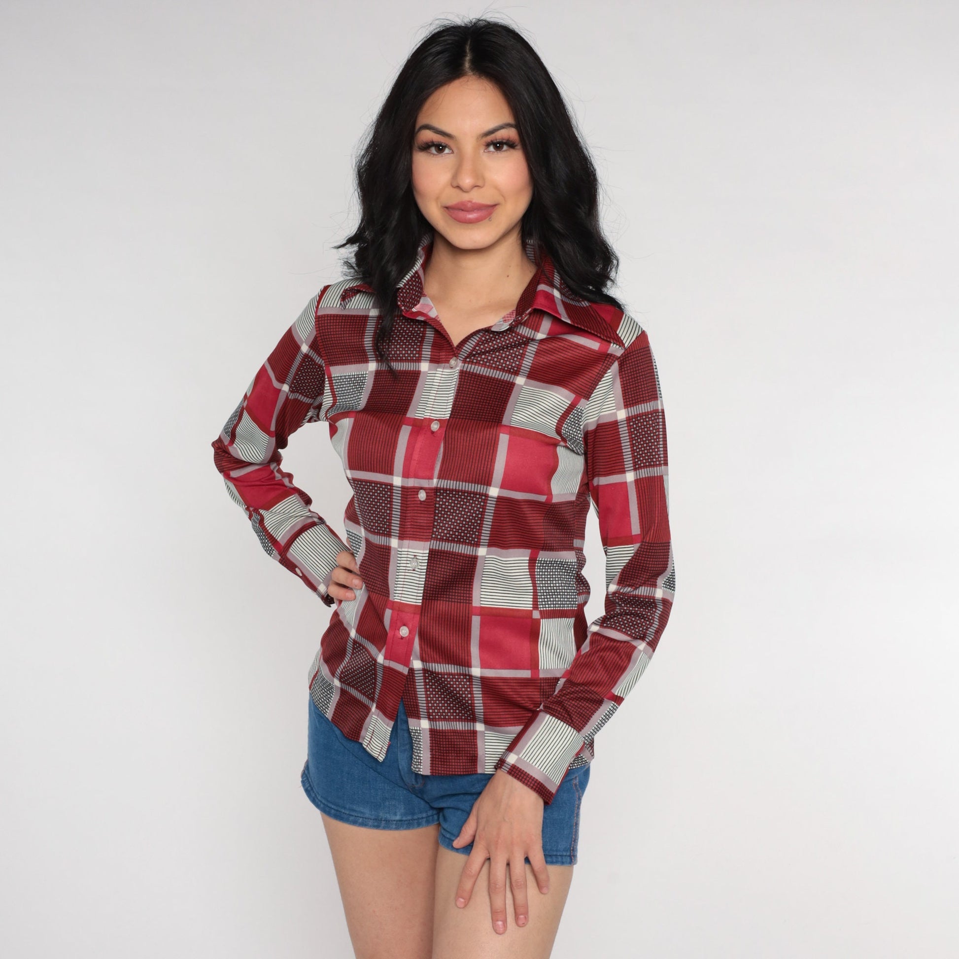70s Red Checkered Button-Up Blouse Long Sleeve Collar Shirt Small
