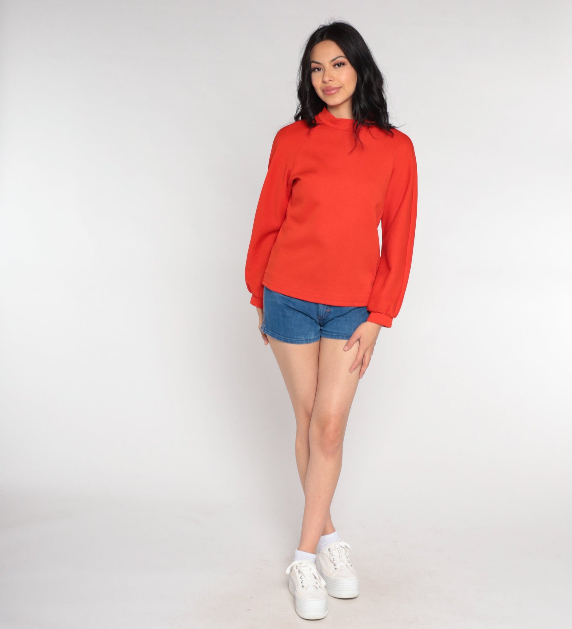 70s Red-Orange Mock Neck Raglan Sleeve Blouse Medium
