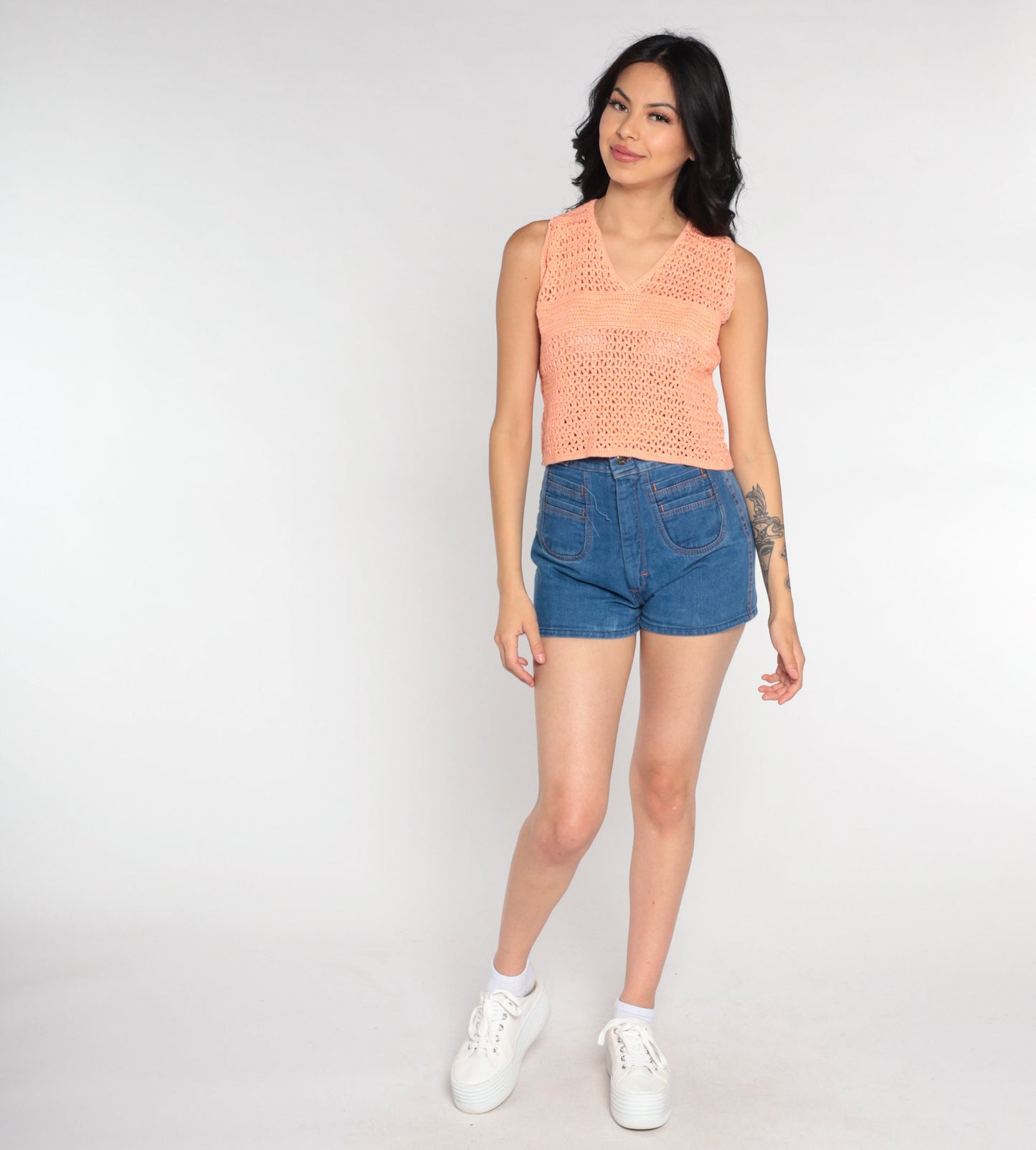 80s Orange Crochet Crop Tank Top V Neck Open Weave Small