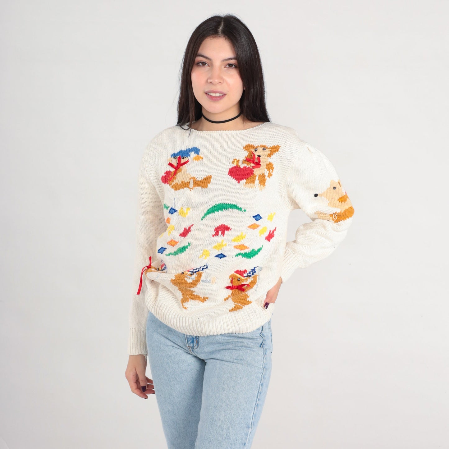 80s Animal Marching Band Sweater Teddy Bear Possum Dog Knit Medium