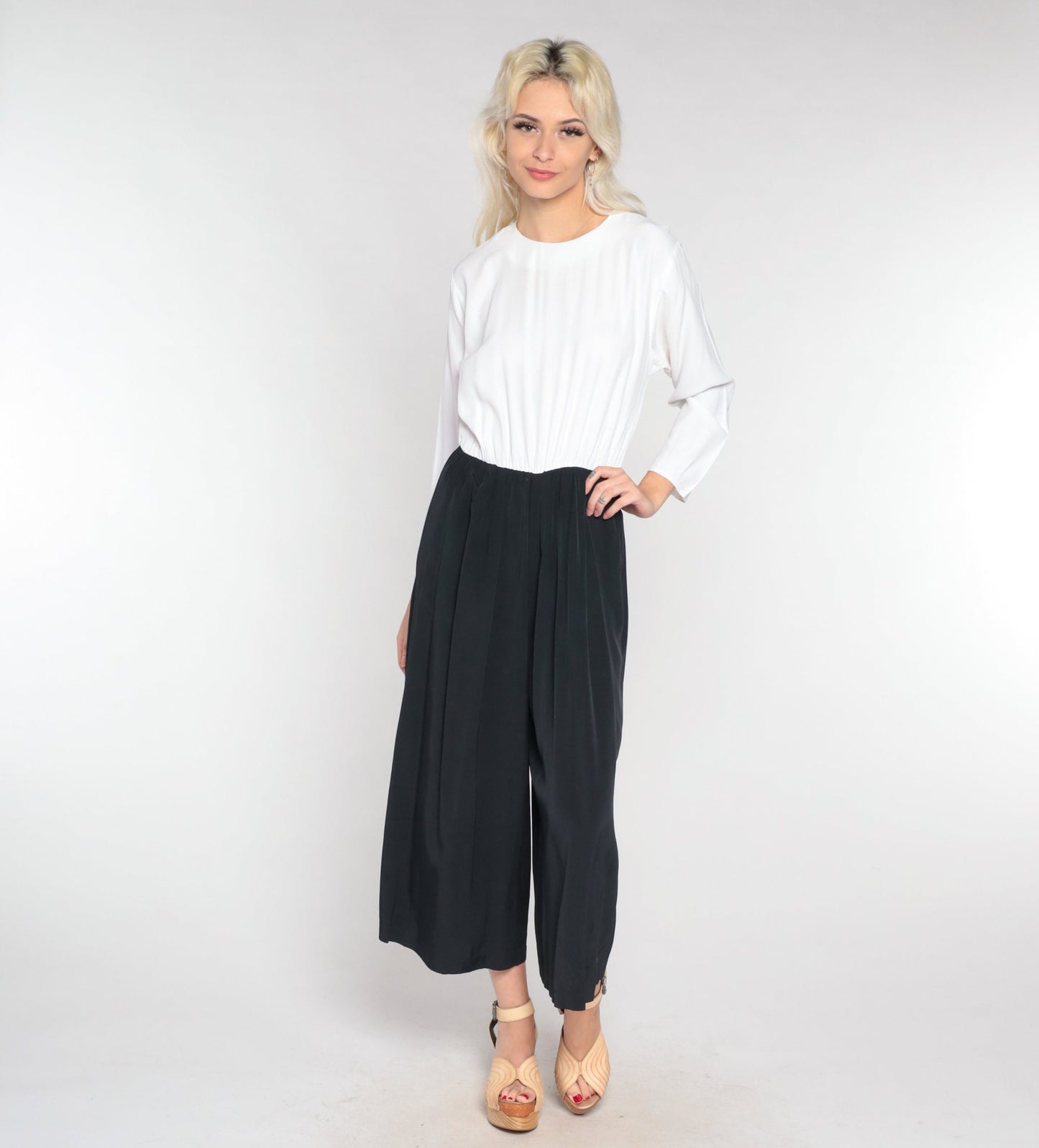 90s Black & White Wide Leg Jumpsuit Long Sleeve Rear Zip Medium