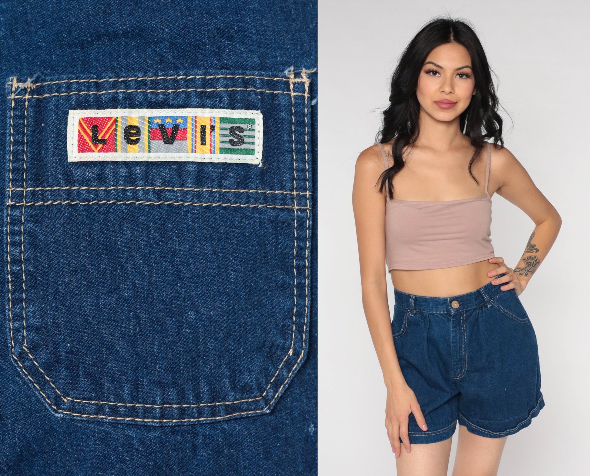 90s Levi's High Waisted Pleated Denim Shorts Dark Blue Small