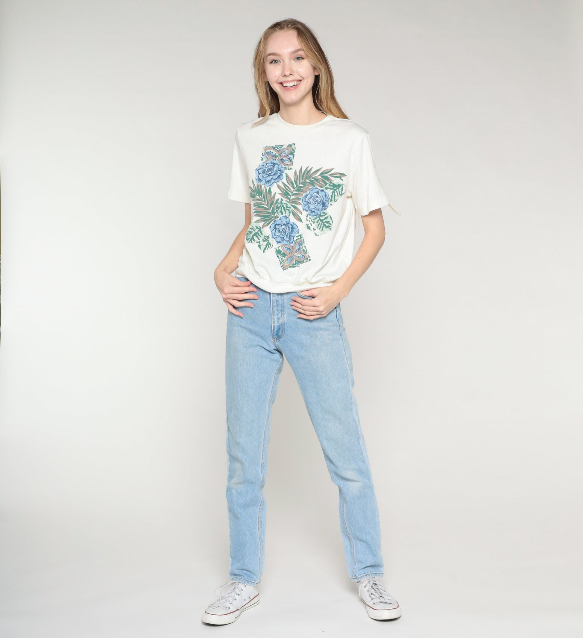 90s Floral Leaf Print T-Shirt White Banded Hem Graphic Tee Medium