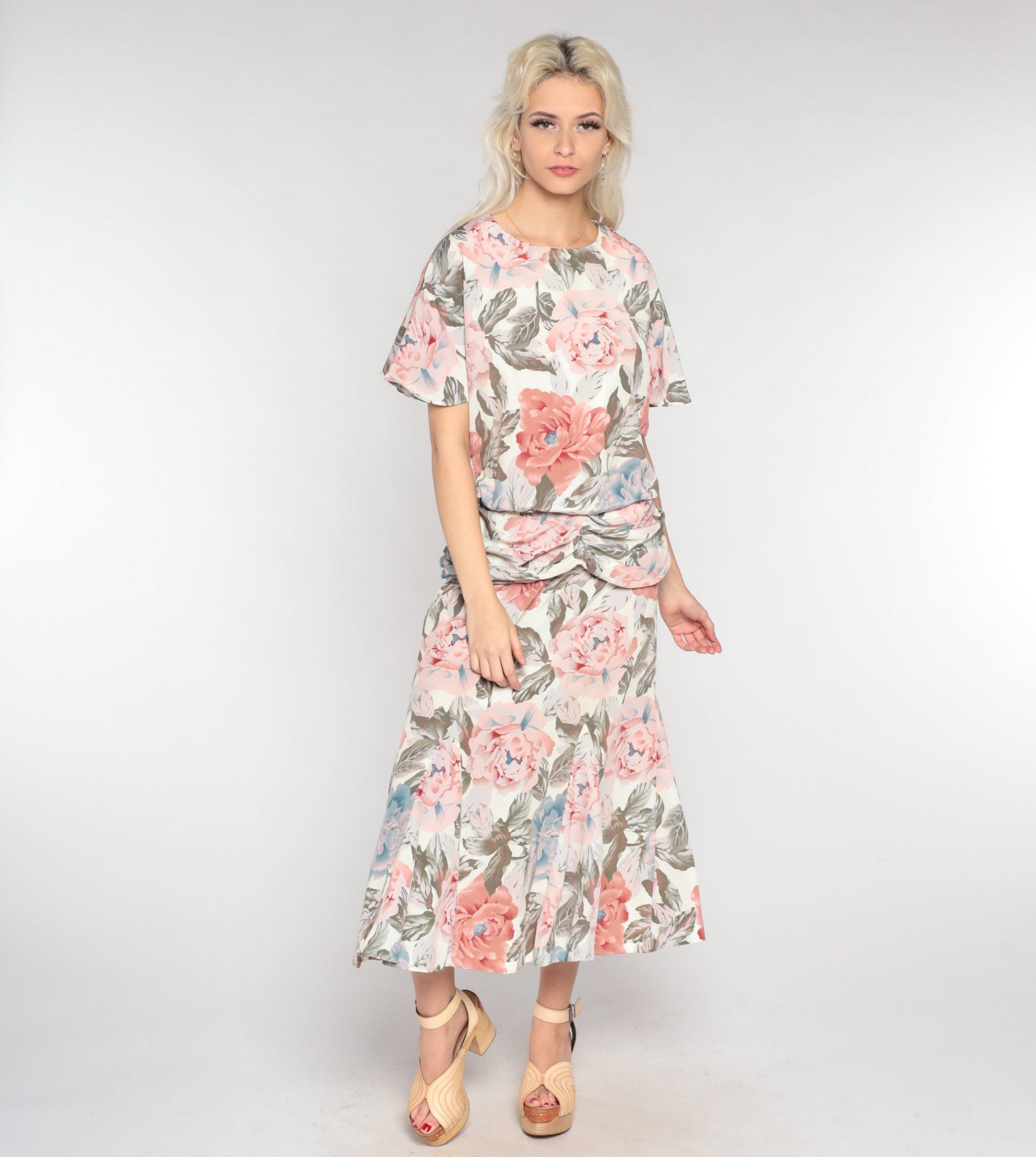 90s Floral Maxi Dress Short Sleeve Low Waist Ankle Length Medium Large