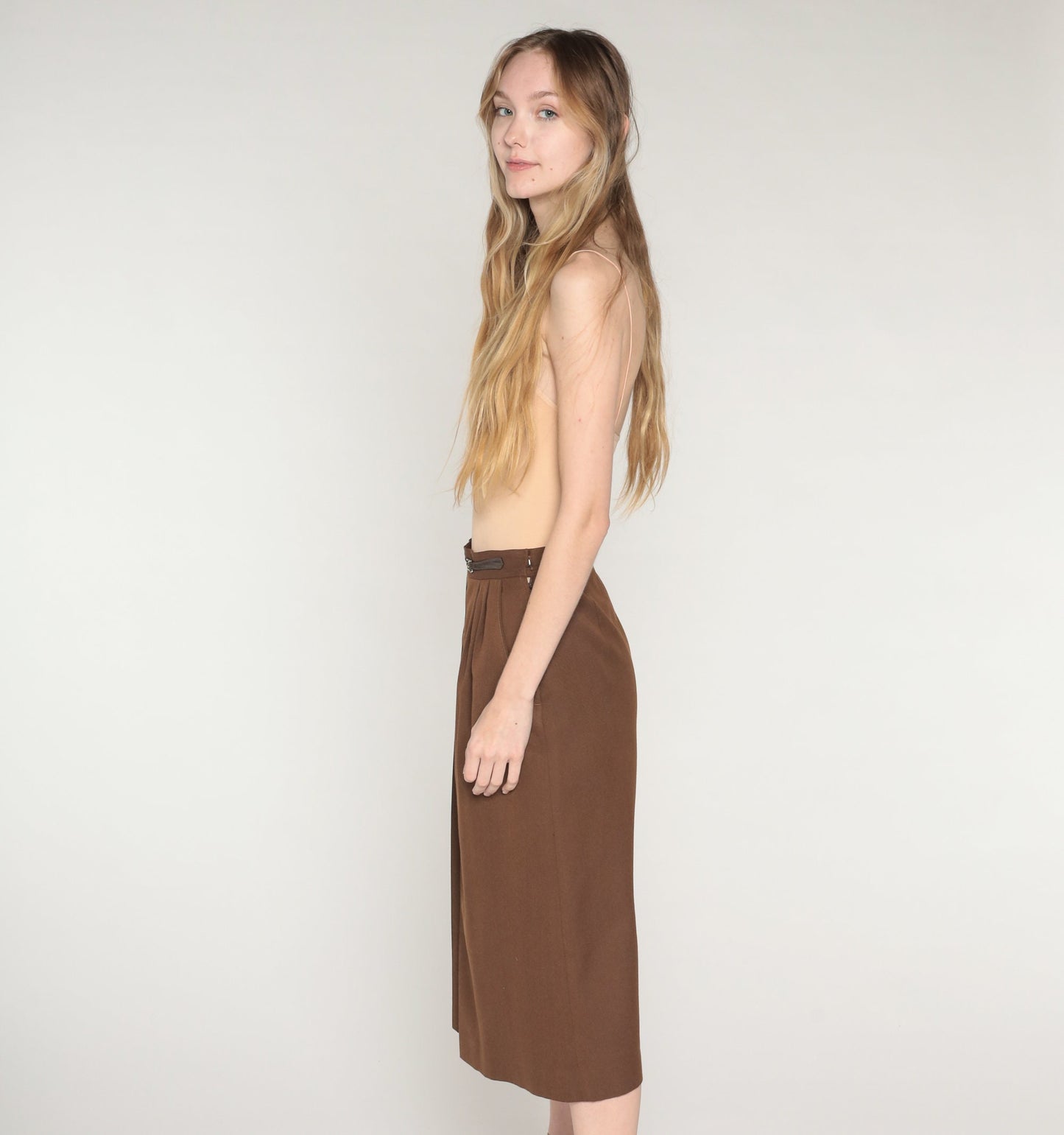 80s Brown Wool Blend Midi Skirt High Waist Pleated Side Zip Extra Small