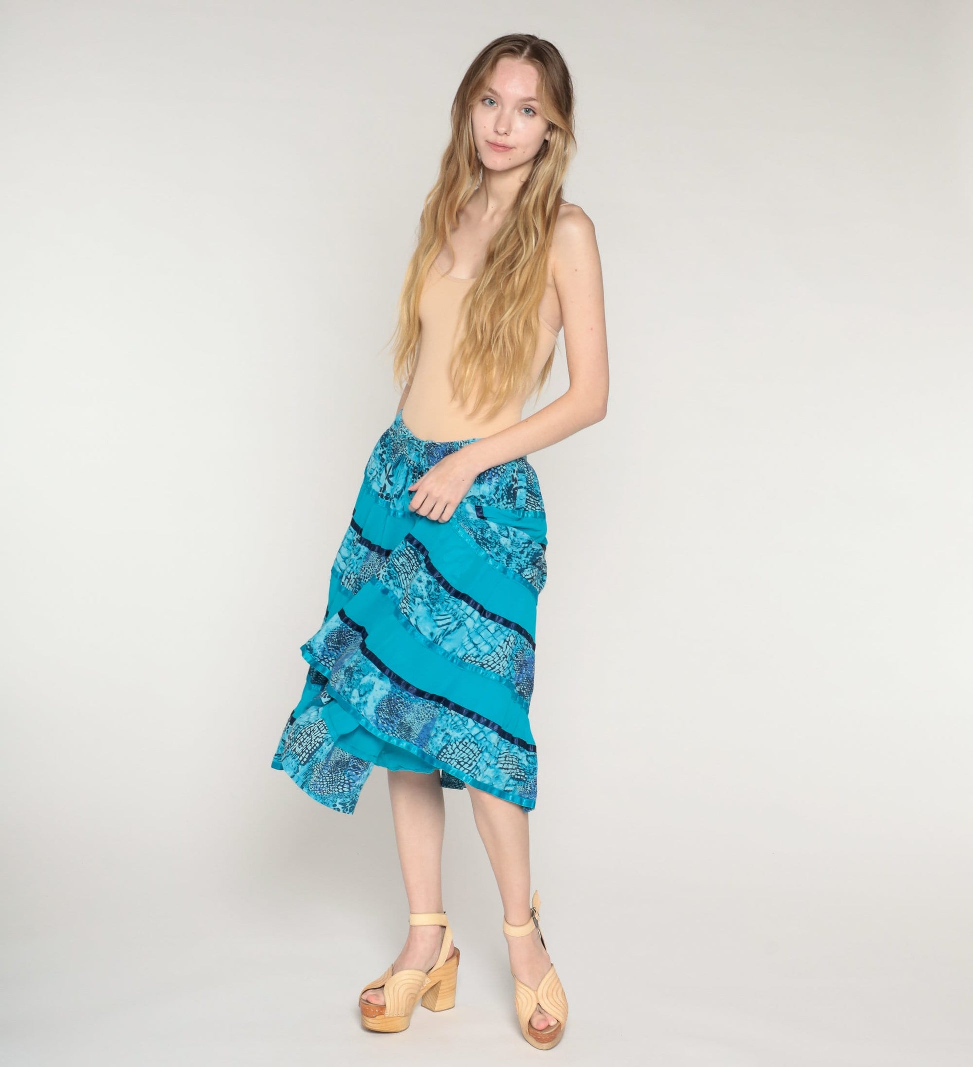 00s Blue Tiered Midi Skirt Animal Print Ribbon Trim Cotton Small