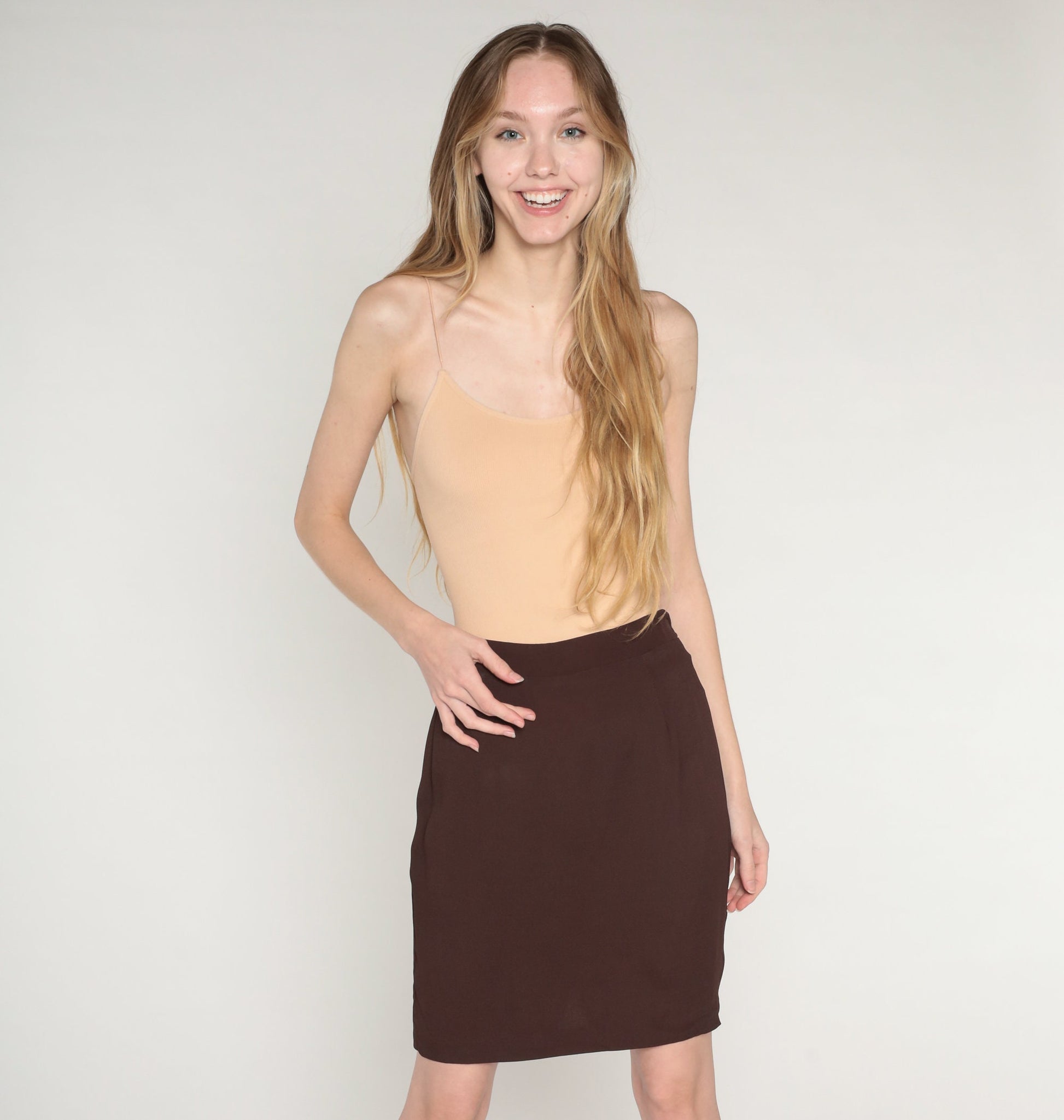 90s Brown Pencil Mini Skirt High Waist Fitted Zipper Medium M