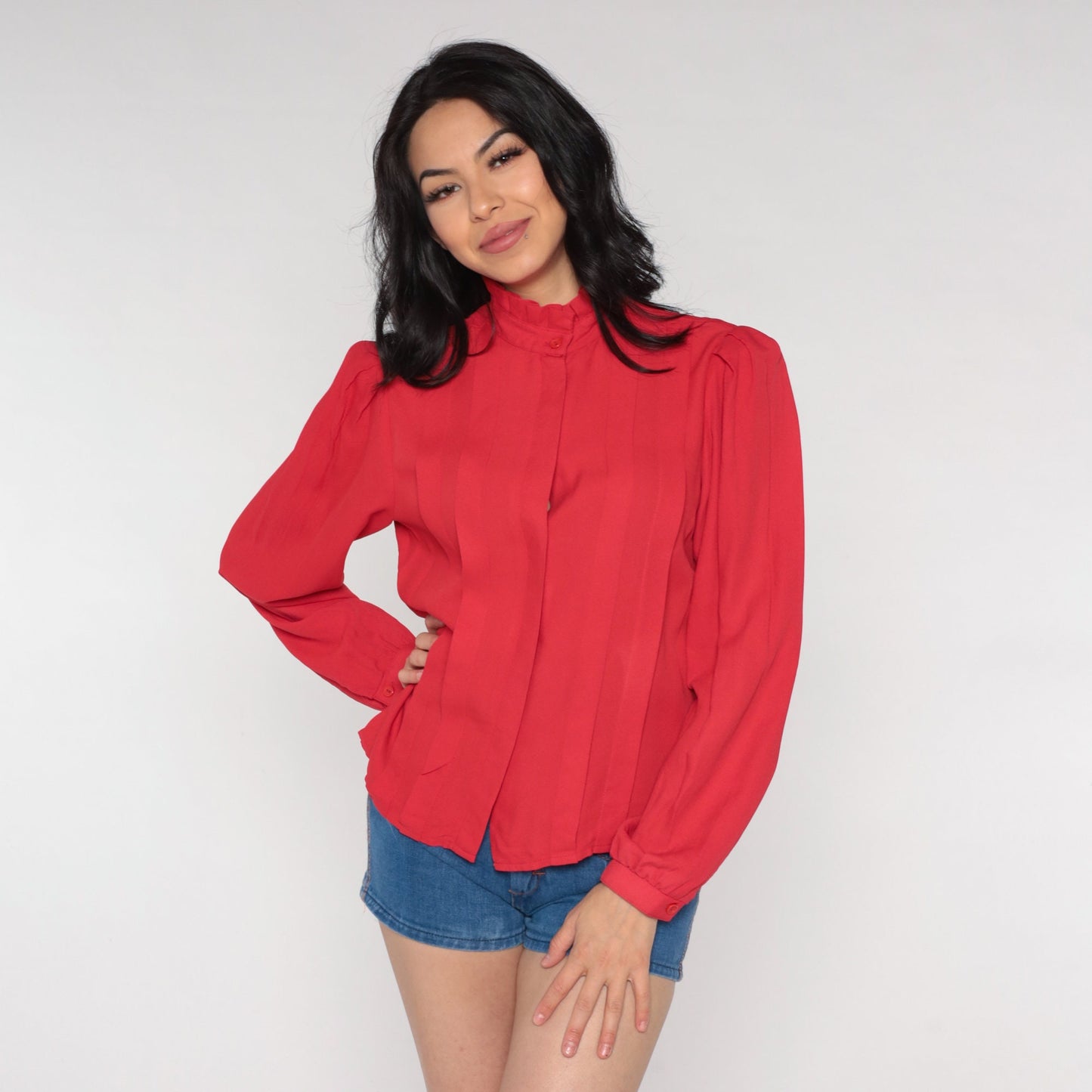 80s Red Puff Sleeve Blouse High Ruffled Neck Pleated Secretary Top Medium