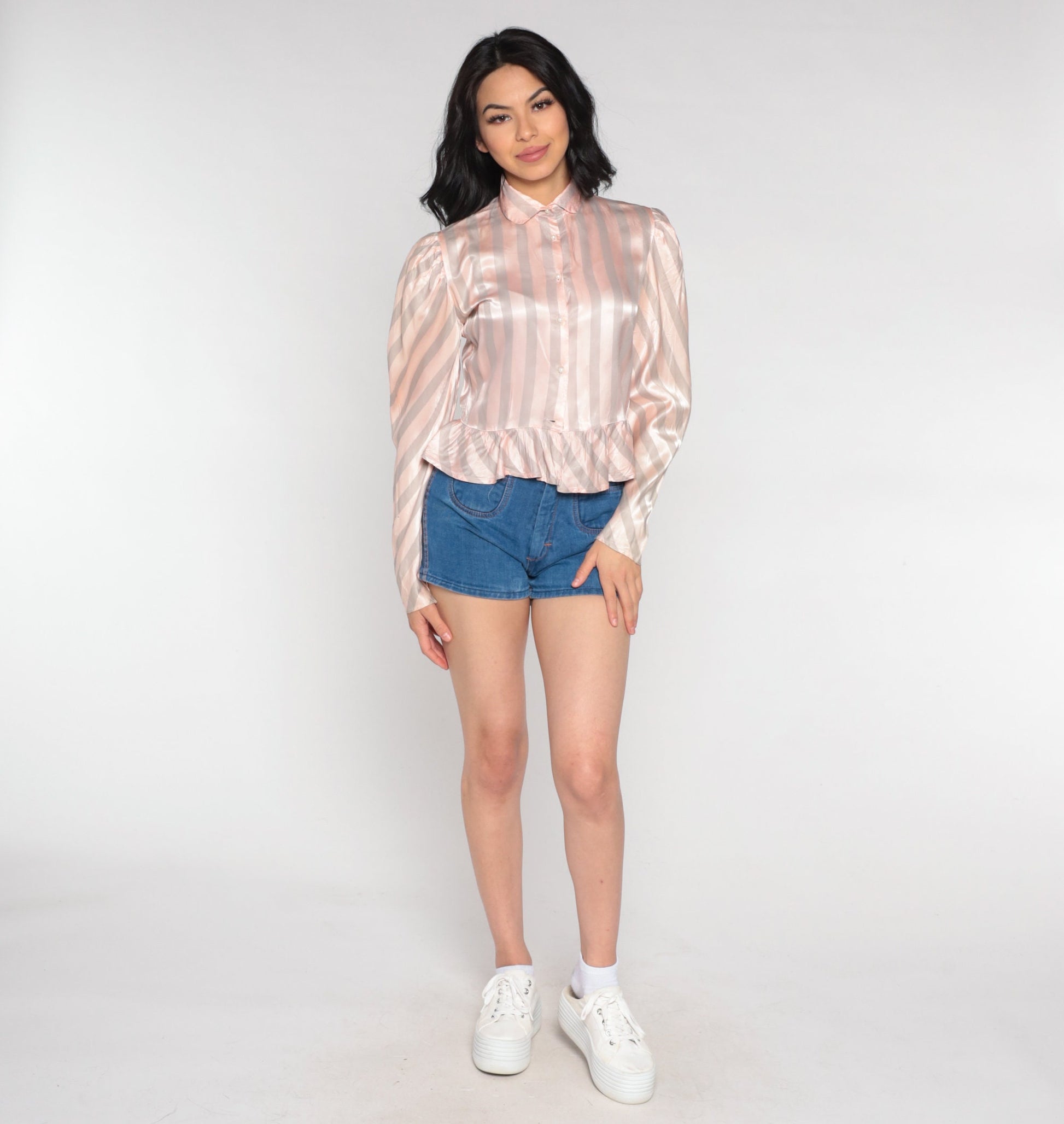 80s Striped Peplum Blouse Pink Grey Puff Sleeve Acetate Extra Small XS