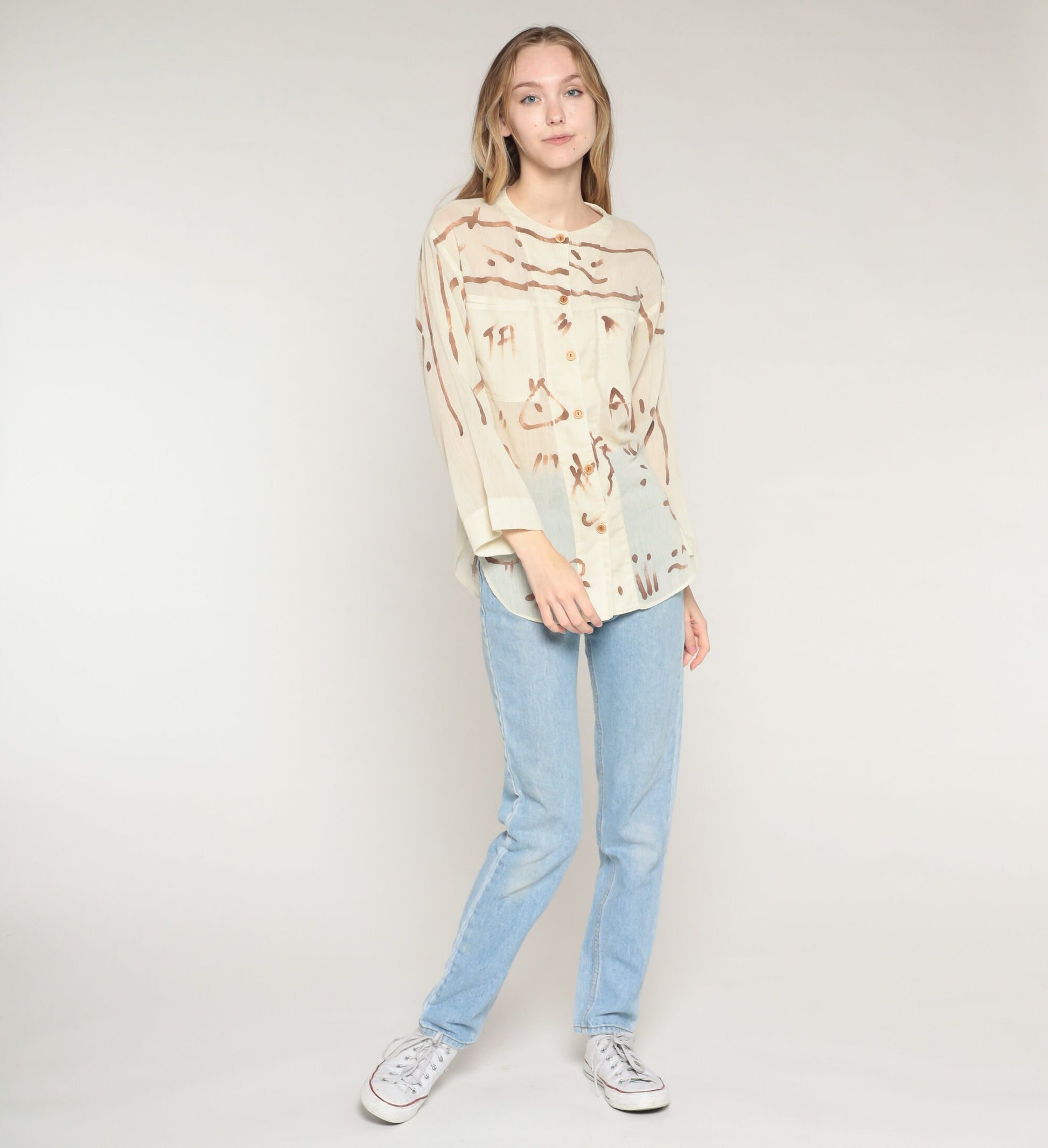 80s Abstract Brushstroke Button-Up Blouse Cream Brown Semi-Sheer Long Sleeve Small
