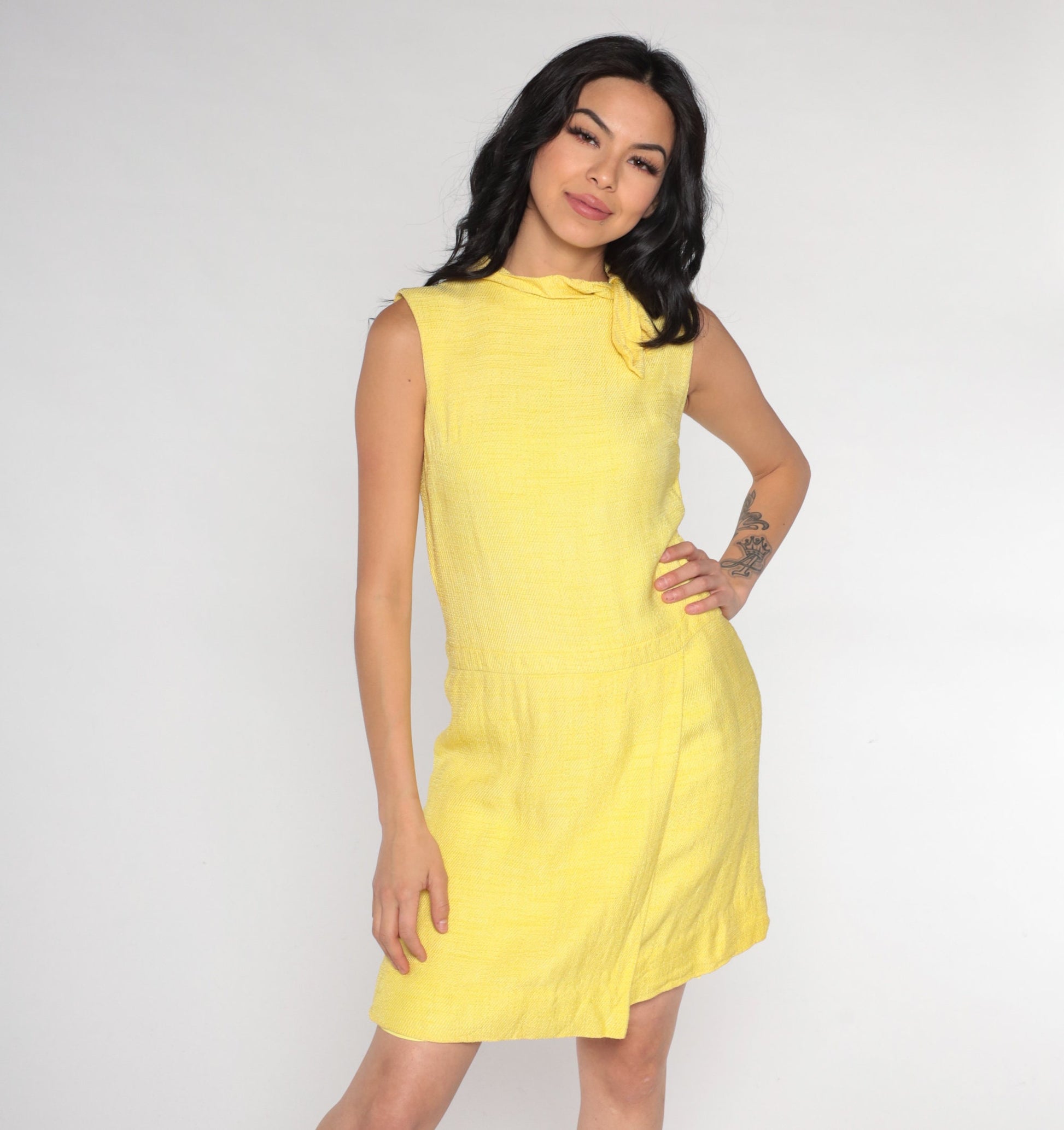 60s Yellow Ascot Shift Mini Dress Sleeveless Mod Adele Martin Extra Small