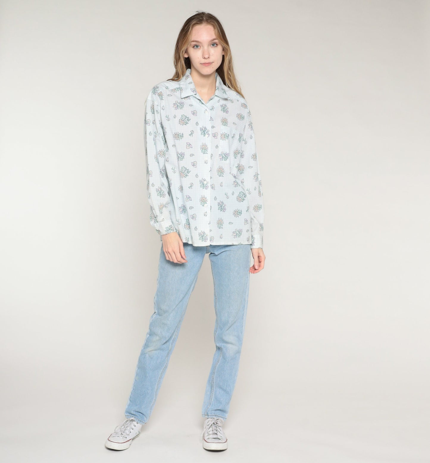 80s Levi Travellers Checkered Floral Button-Up Blouse Light Blue White Medium