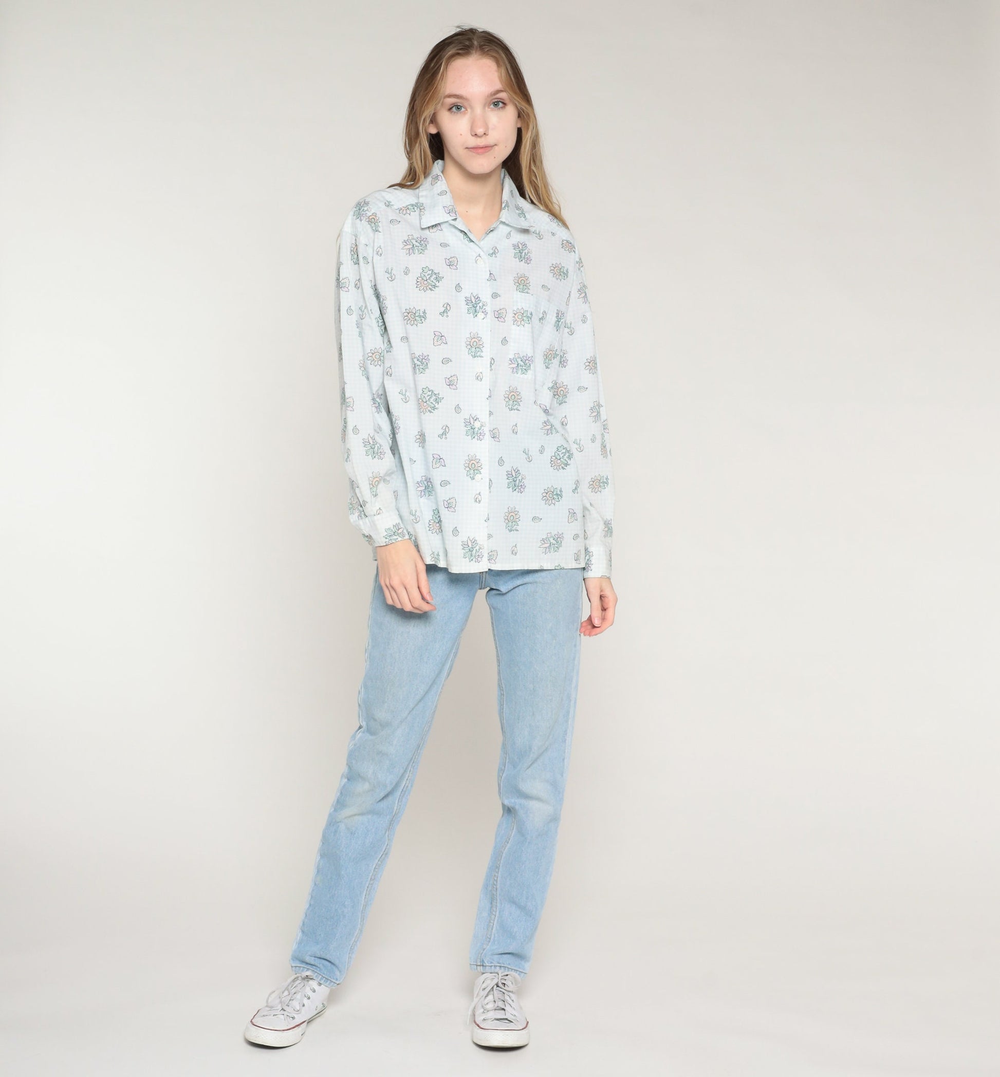 80s Levi Travellers Checkered Floral Button-Up Blouse Light Blue White Medium