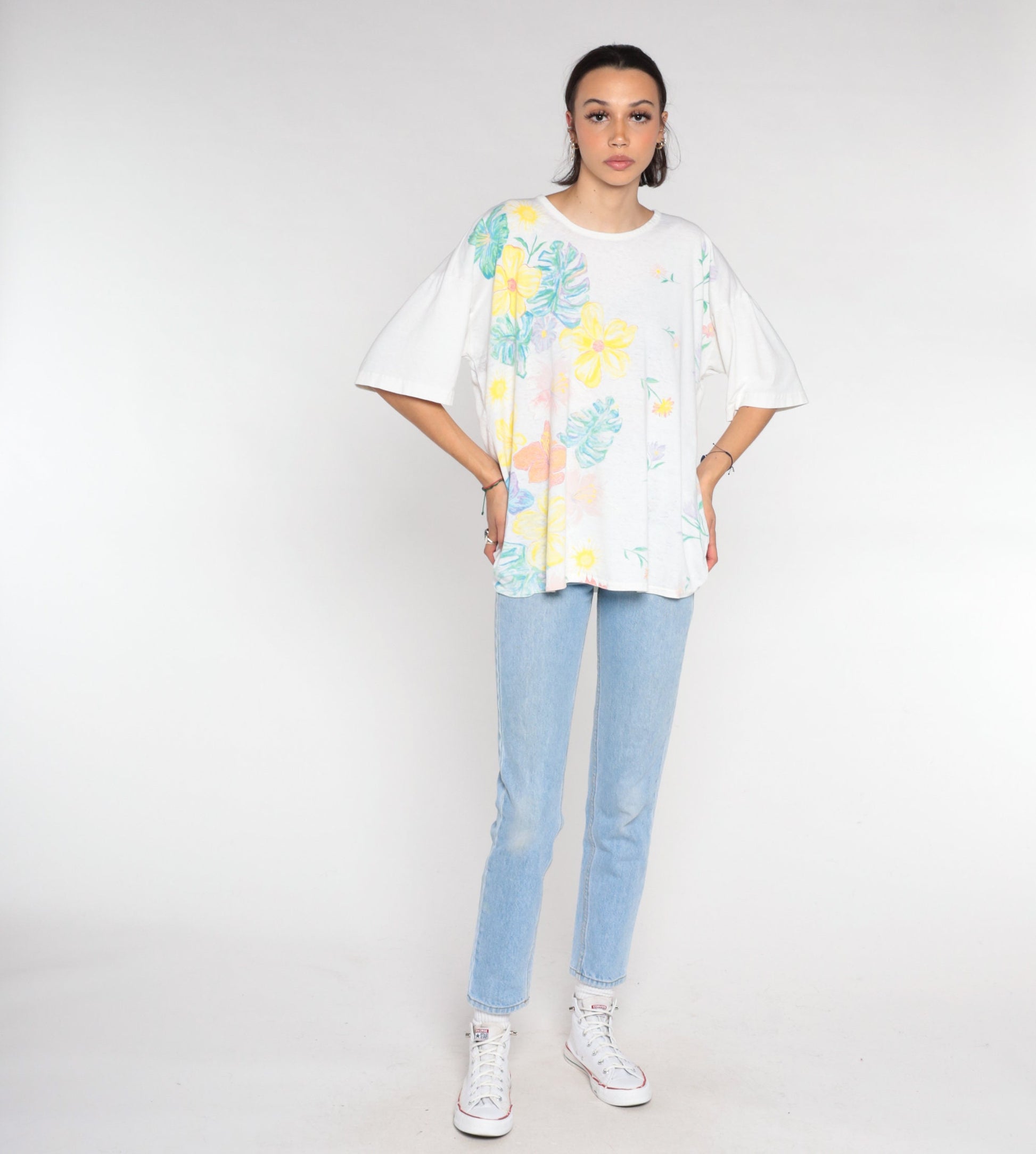 90s Painted Floral Monstera Leaf Graphic T-Shirt White Cotton Tee One Size