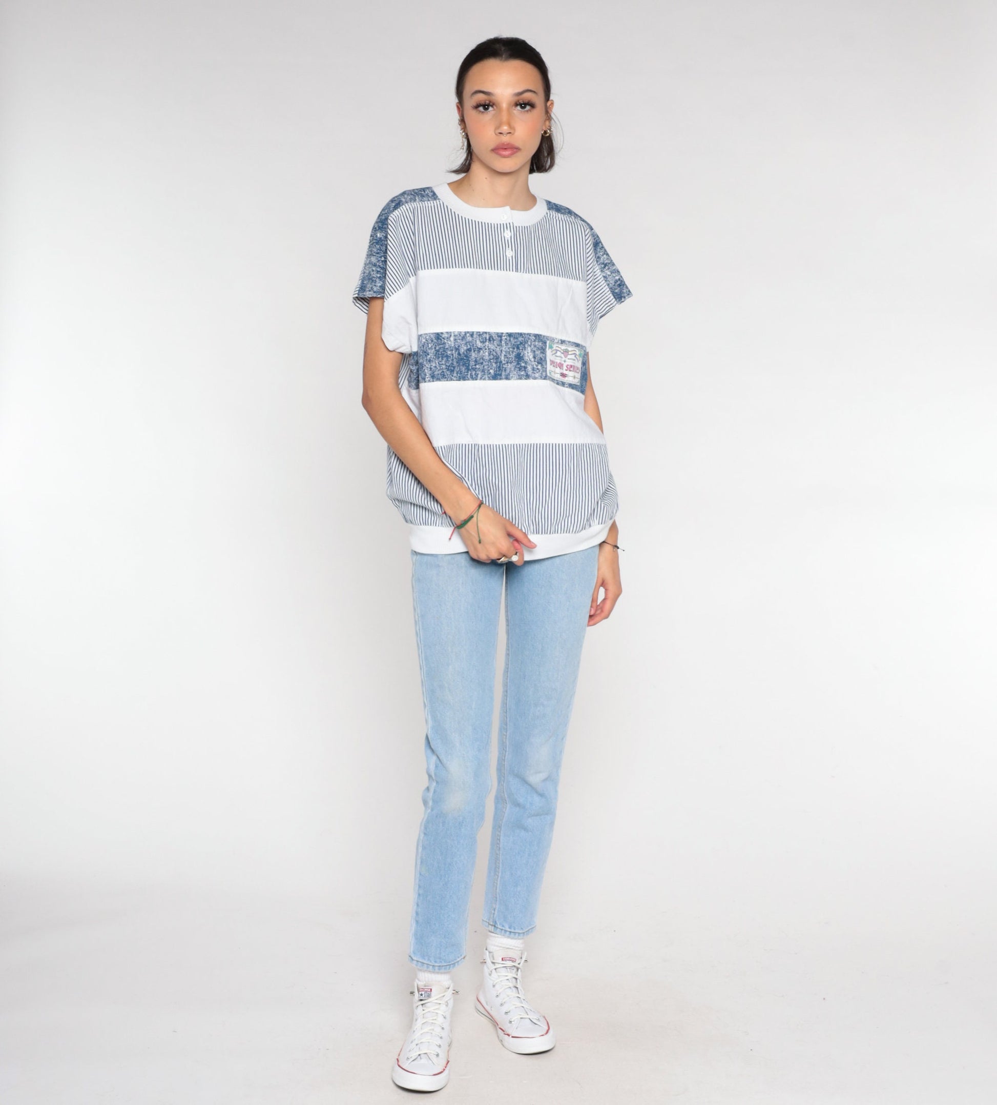 90s Henley Shirt White Blue Striped Cap Sleeve Banded Hem Large