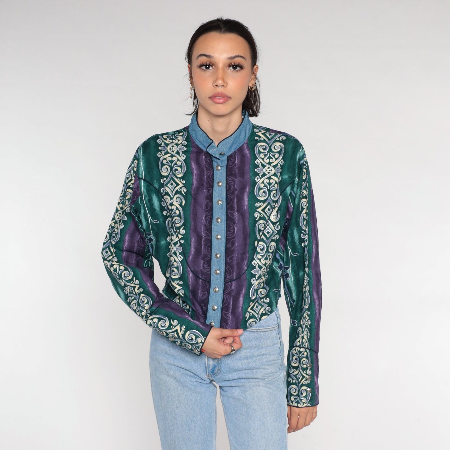 90s Wrangler Abstract Striped Button Up Blouse Long Sleeve High Neck Cotton Large