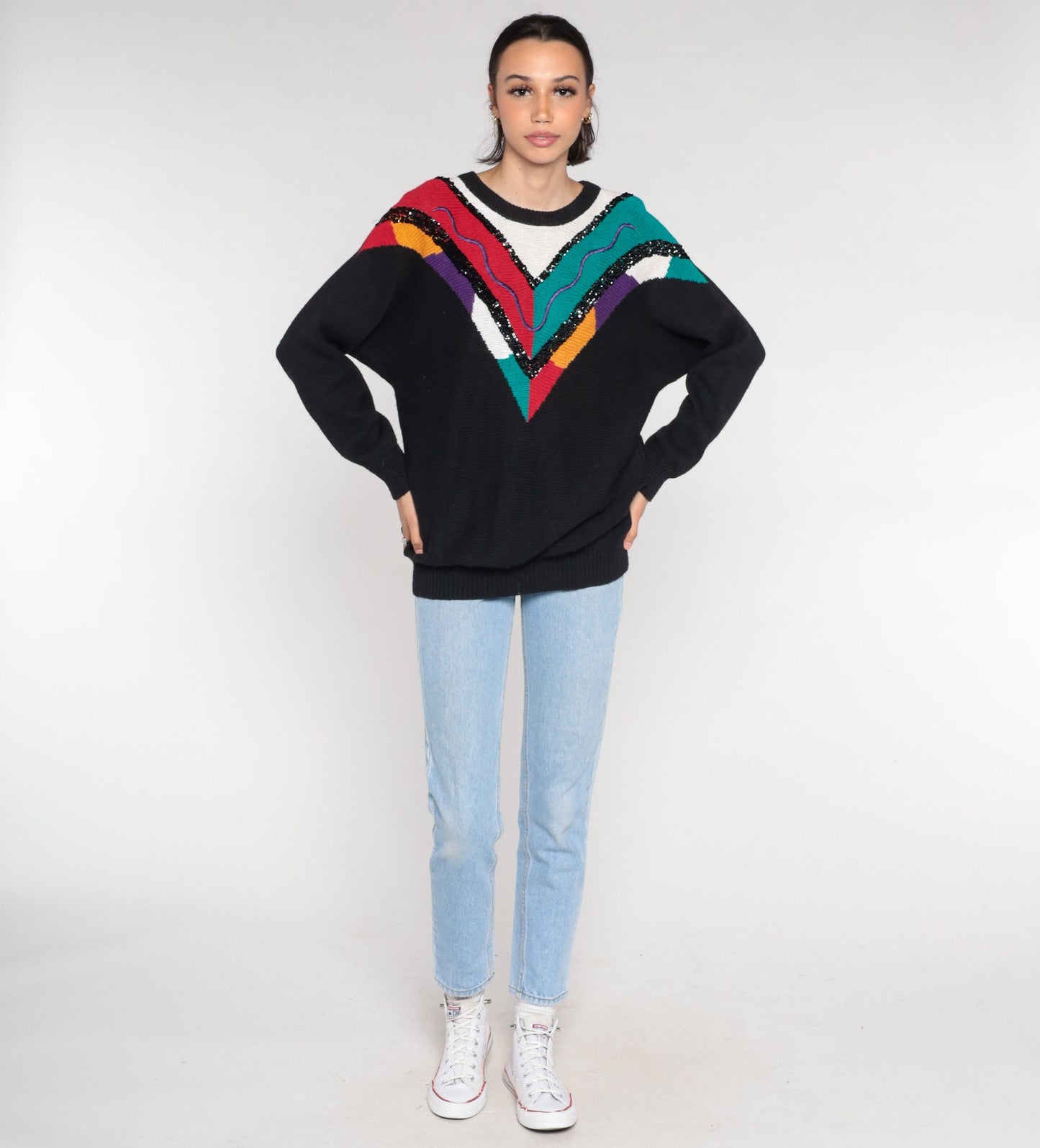 90s Black Sequin Chevron Knit Sweater Embroidered Squiggle Cotton Ramie Extra Large
