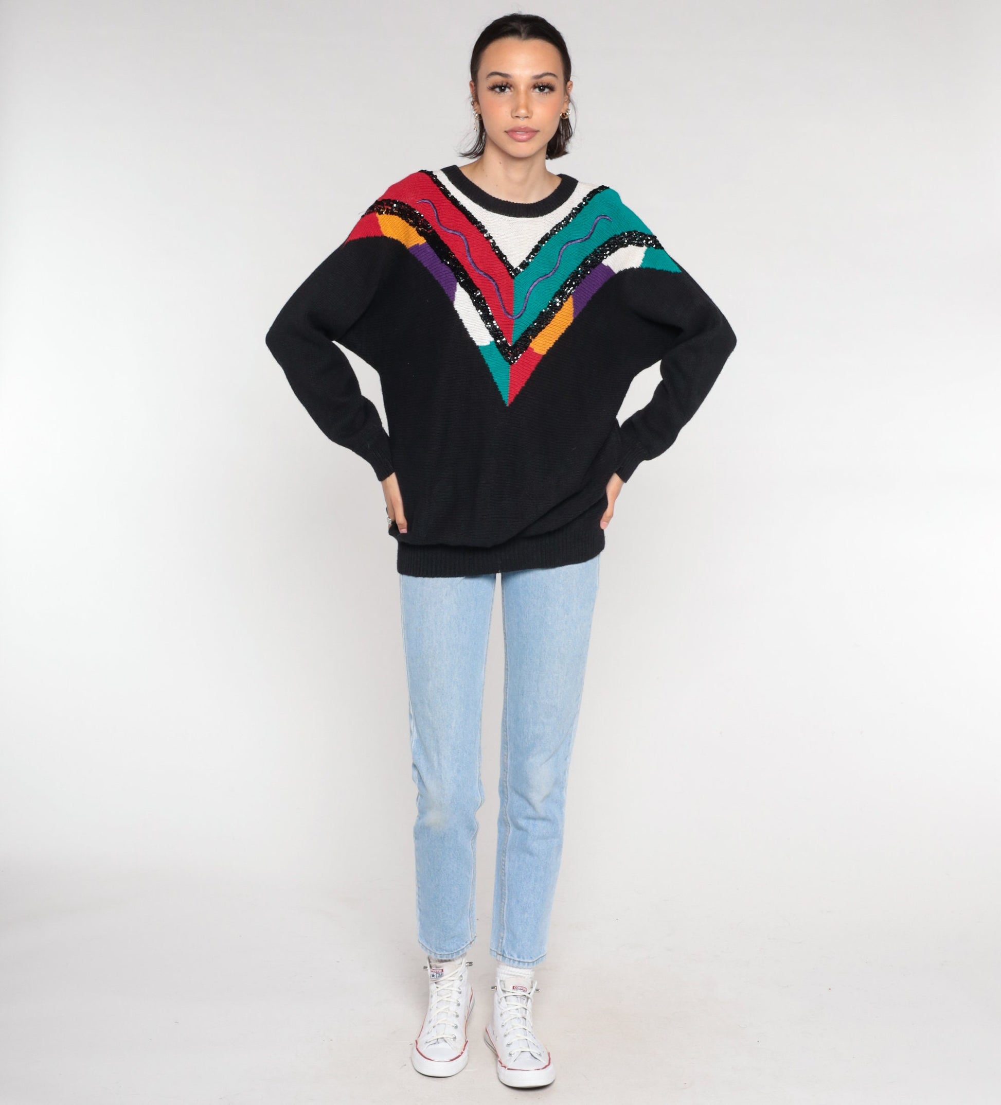 90s Black Sequin Chevron Knit Sweater Embroidered Squiggle Cotton Ramie Extra Large